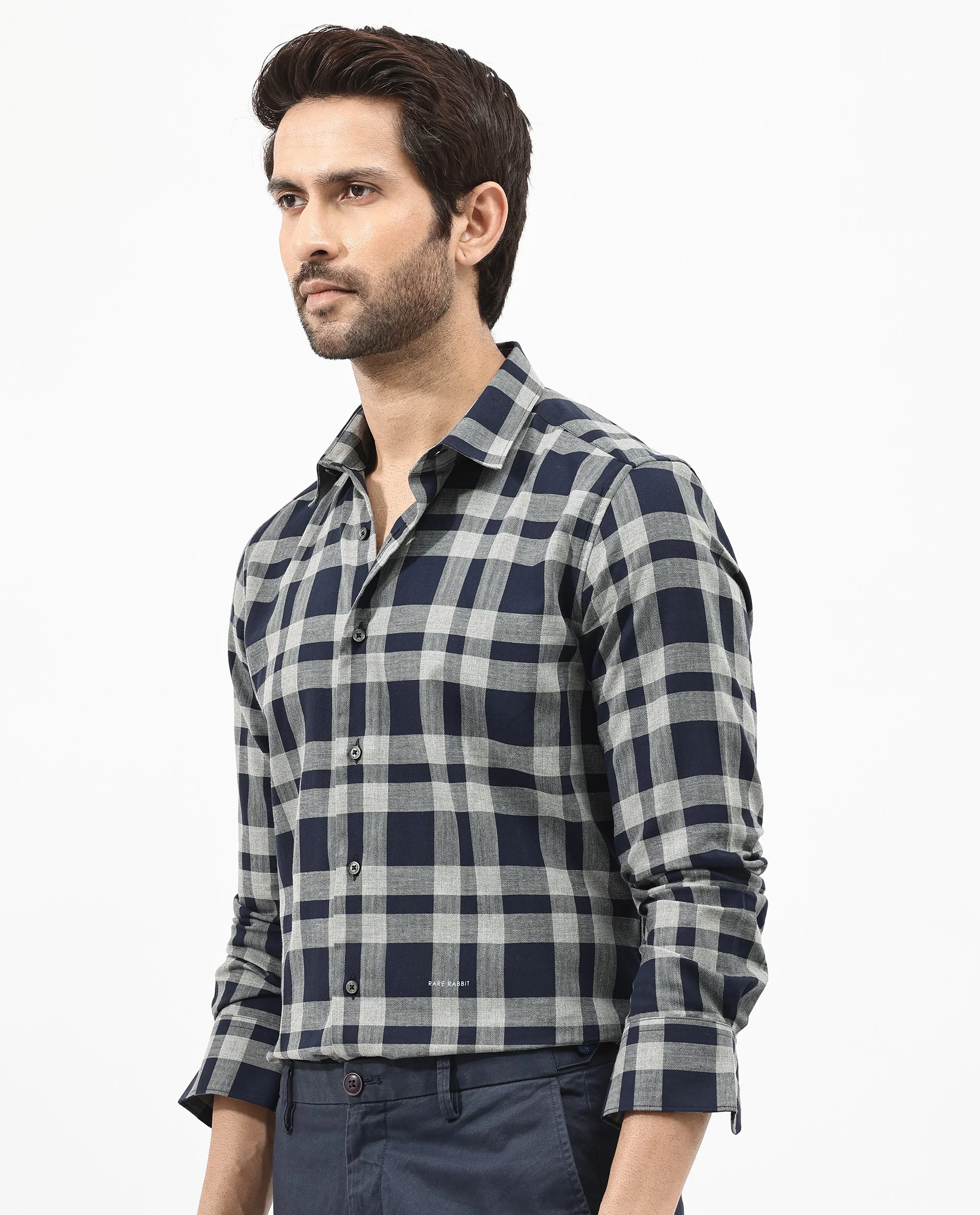 Rare Rabbit Men's Costy Navy Cotton Checked Print Regular Fit Full Sleeve Collared Shirt - Image 8