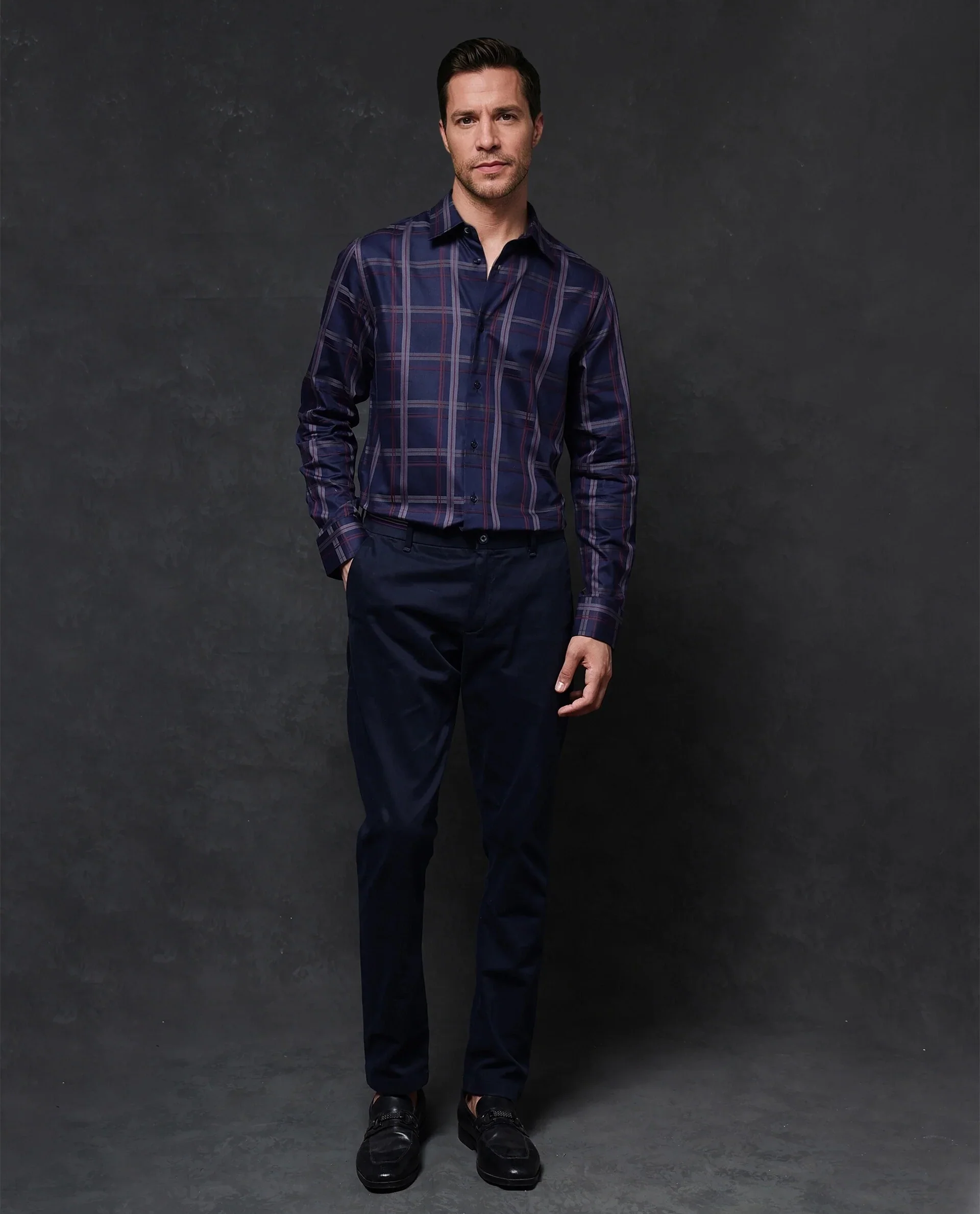 Rare Rabbit Men's Cott Navy Cotton Checked Print Regular Fit Full Sleeve Collared Shirt - Image 2