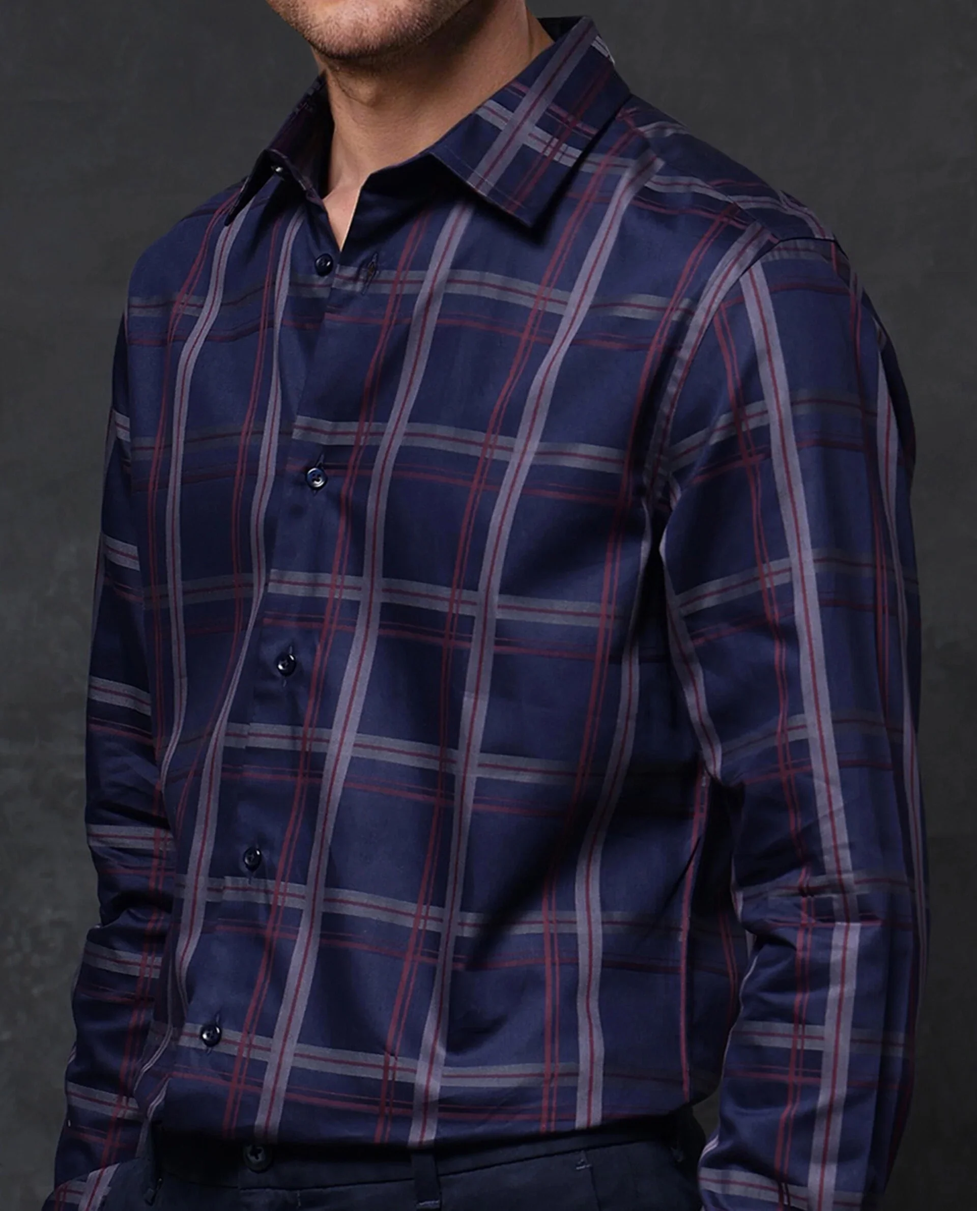 Rare Rabbit Men's Cott Navy Cotton Checked Print Regular Fit Full Sleeve Collared Shirt - Image 3