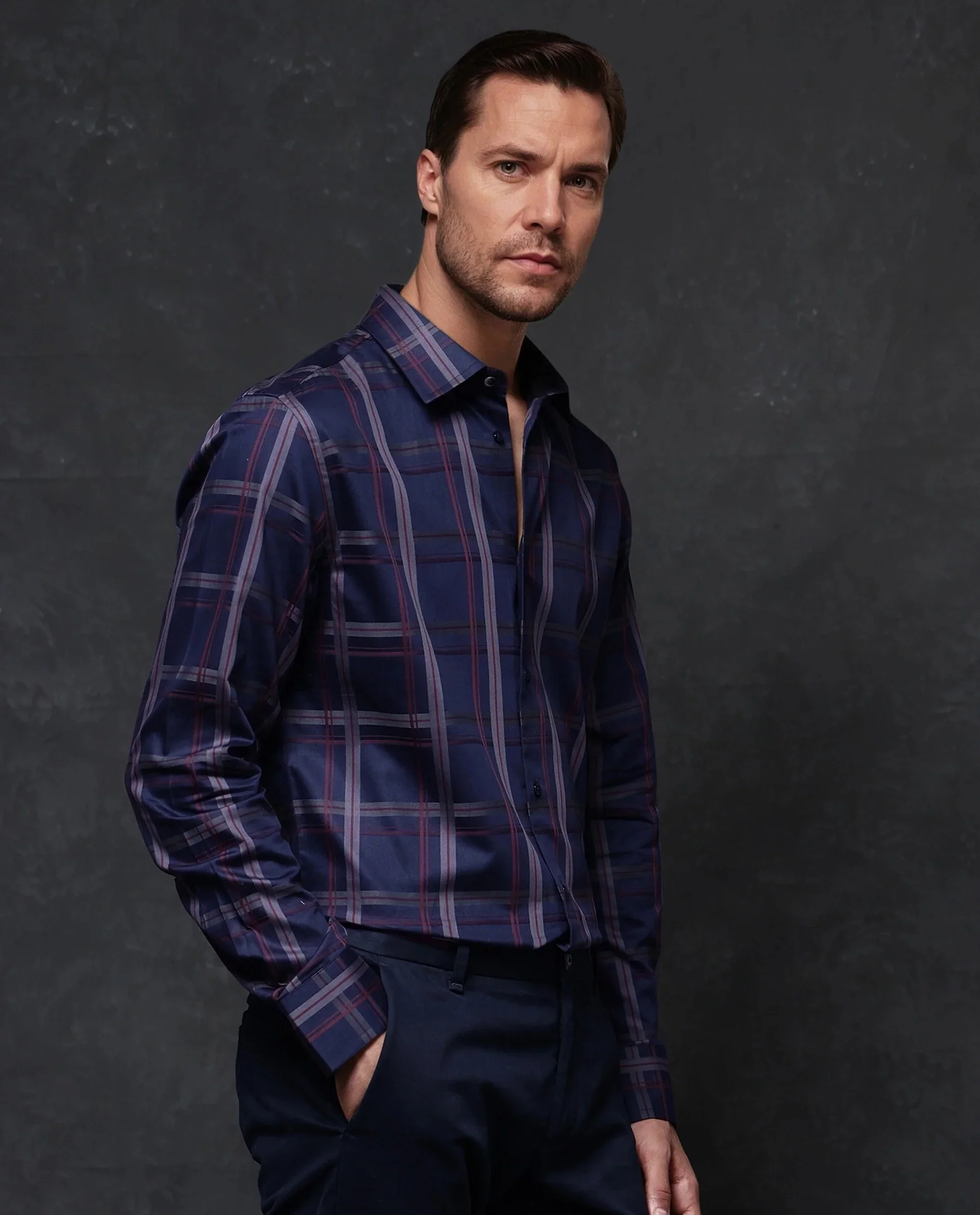 Rare Rabbit Men's Cott Navy Cotton Checked Print Regular Fit Full Sleeve Collared Shirt - Image 5