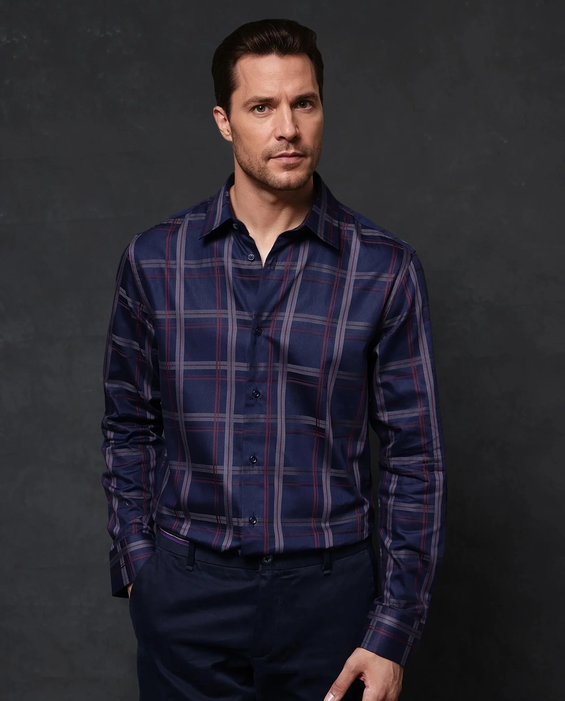 Rare Rabbit Men's Cott Navy Cotton Checked Print Regular Fit Full Sleeve Collared Shirt - Image 8