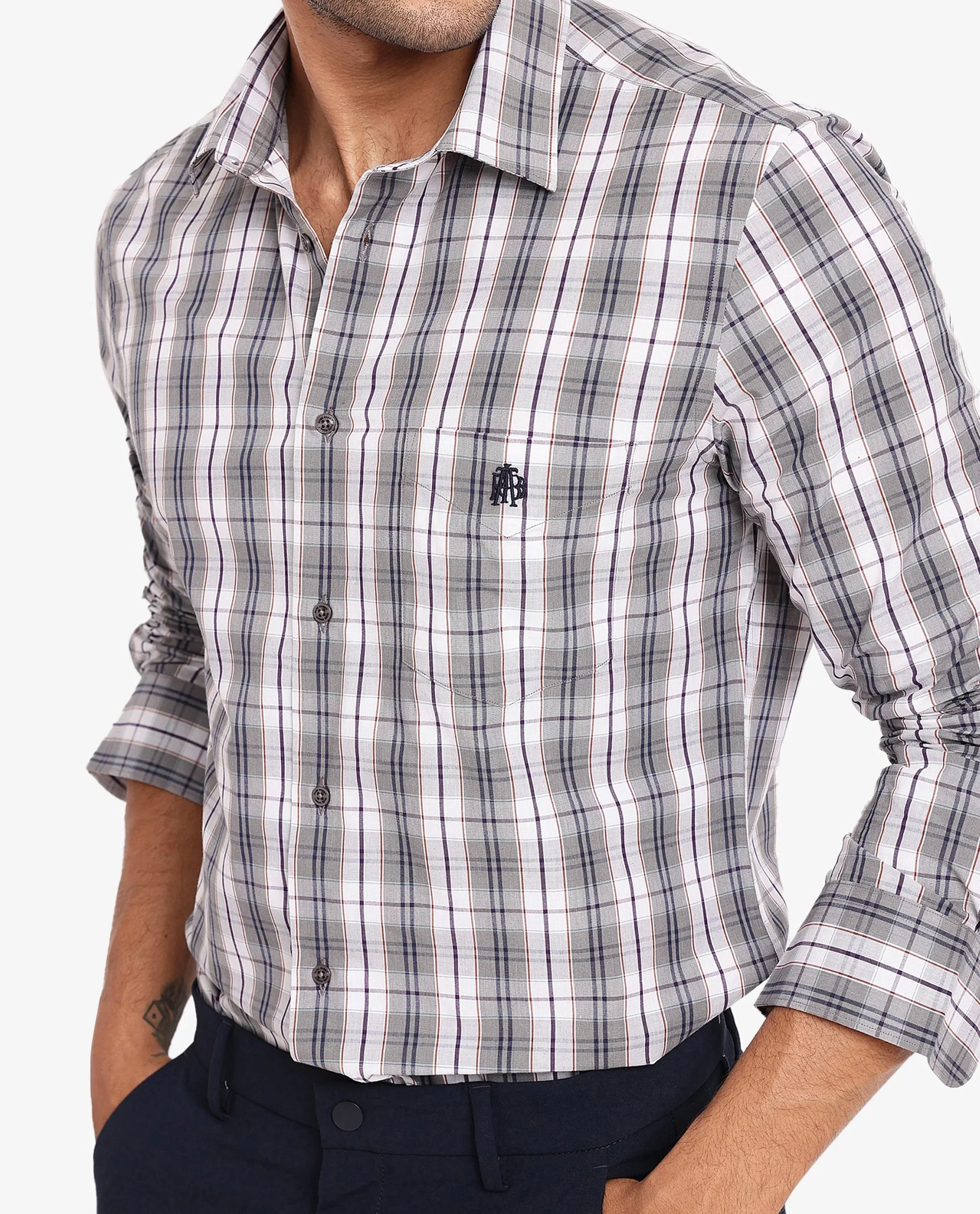 Rare Rabbit Men's Cottbus Grey Cotton Checked Print Regular Fit Full Sleeve Collared Shirt - Image 3