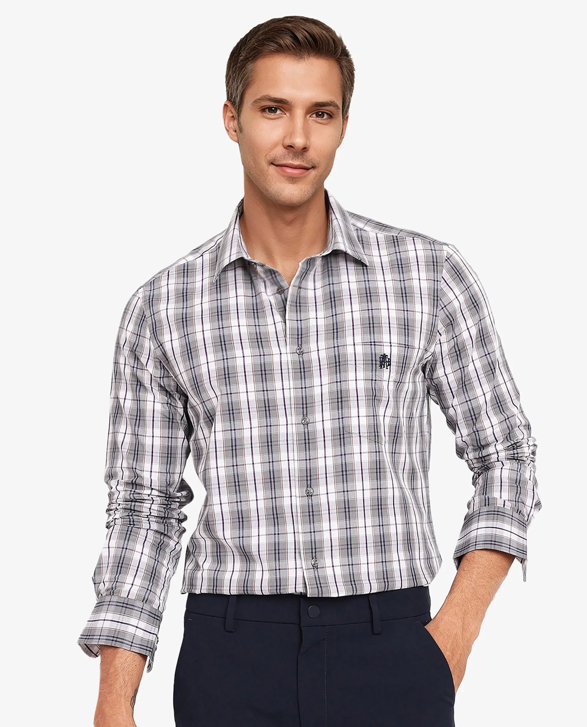 Rare Rabbit Men's Cottbus Grey Cotton Checked Print Regular Fit Full Sleeve Collared Shirt - Image 5