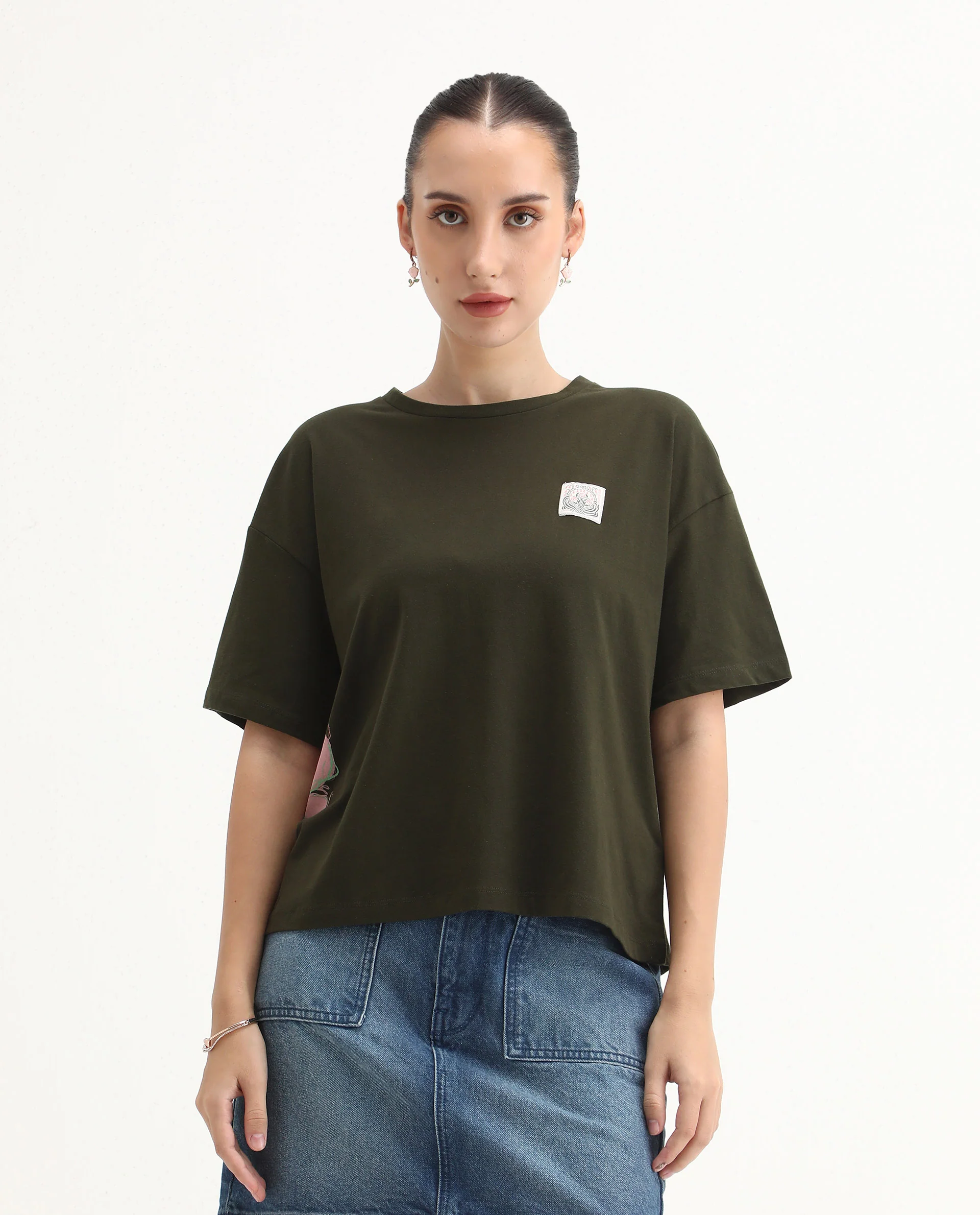 Rareism Women's Couler Olive Cotton Blend Crew Neck Graphic Print Relaxed Fit T-Shirt - Image 3