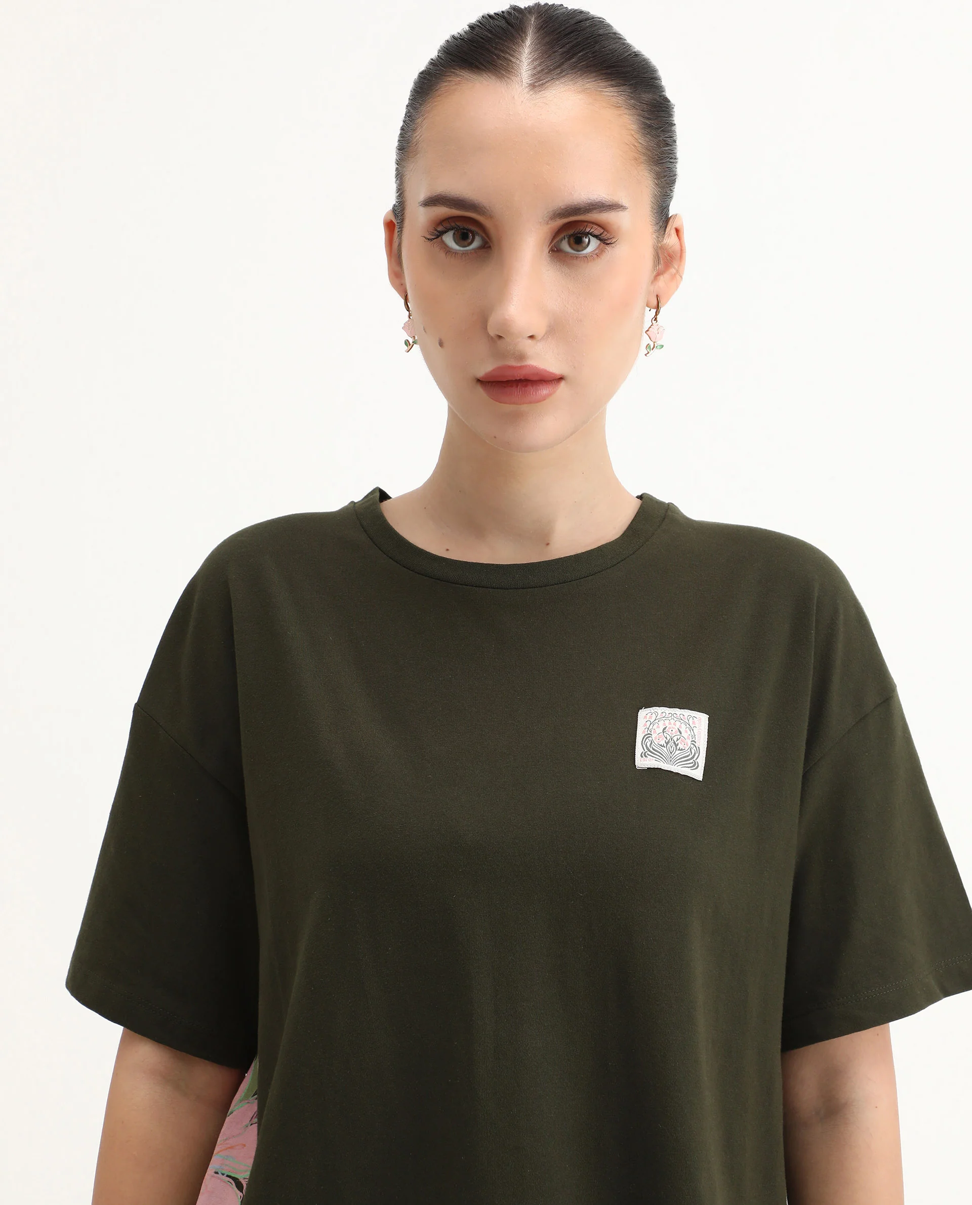 Rareism Women's Couler Olive Cotton Blend Crew Neck Graphic Print Relaxed Fit T-Shirt - Image 5
