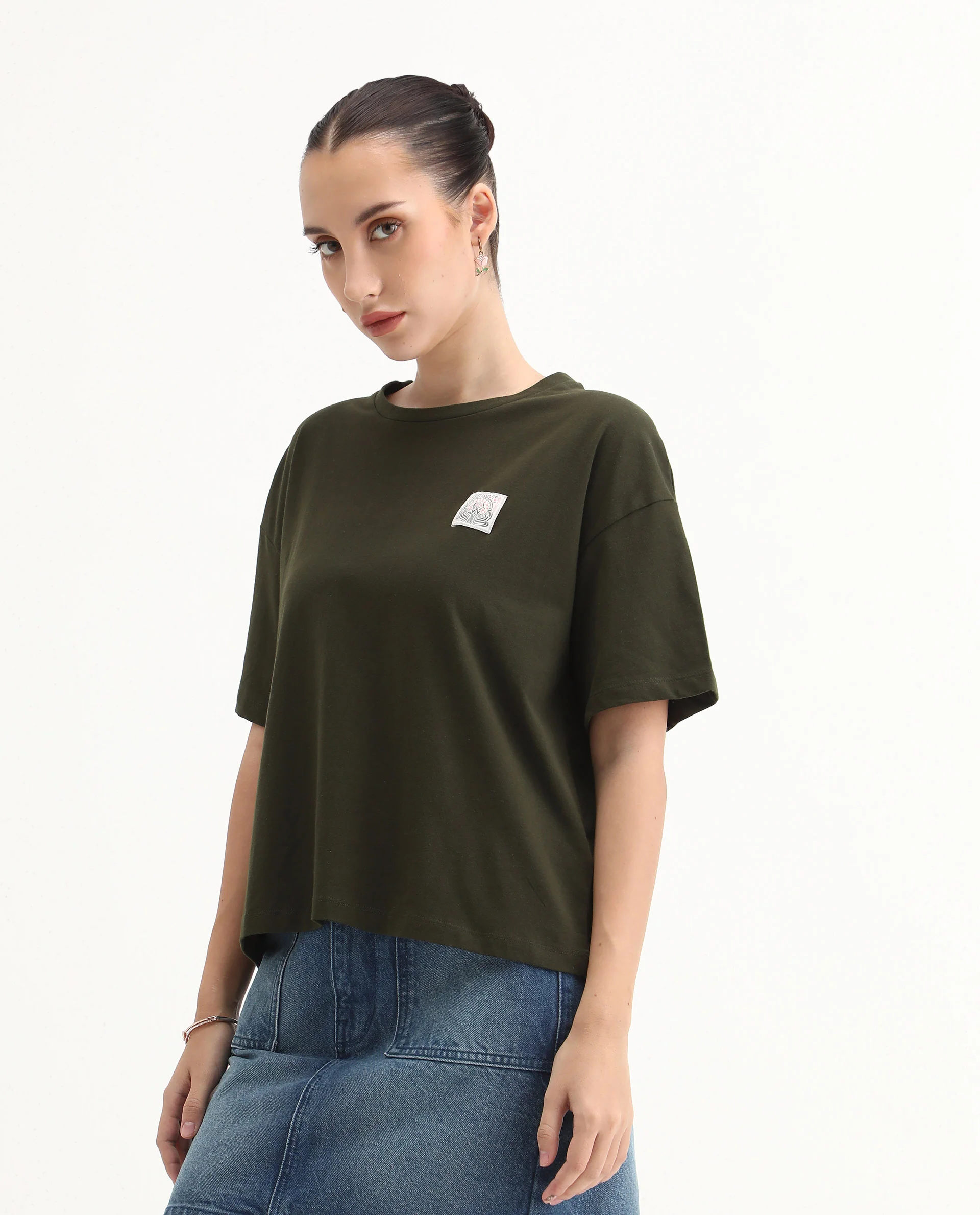 Rareism Women's Couler Olive Cotton Blend Crew Neck Graphic Print Relaxed Fit T-Shirt - Image 6