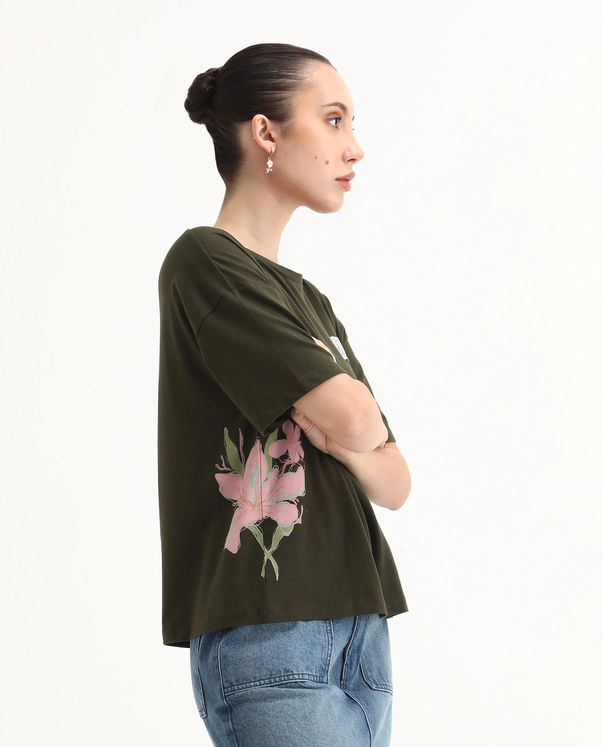 Rareism Women's Couler Olive Cotton Blend Crew Neck Graphic Print Relaxed Fit T-Shirt - Image 7