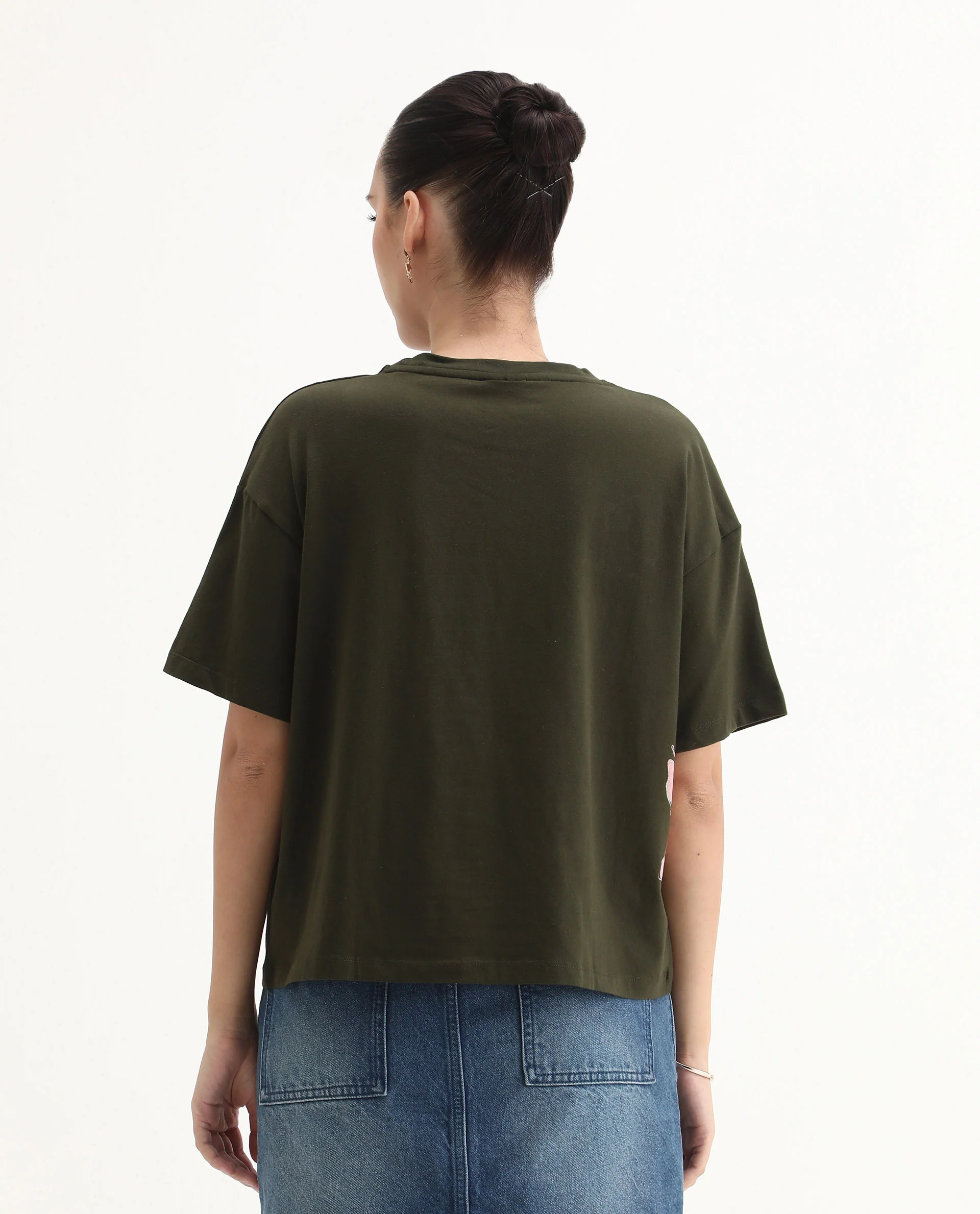 Rareism Women's Couler Olive Cotton Blend Crew Neck Graphic Print Relaxed Fit T-Shirt - Image 8