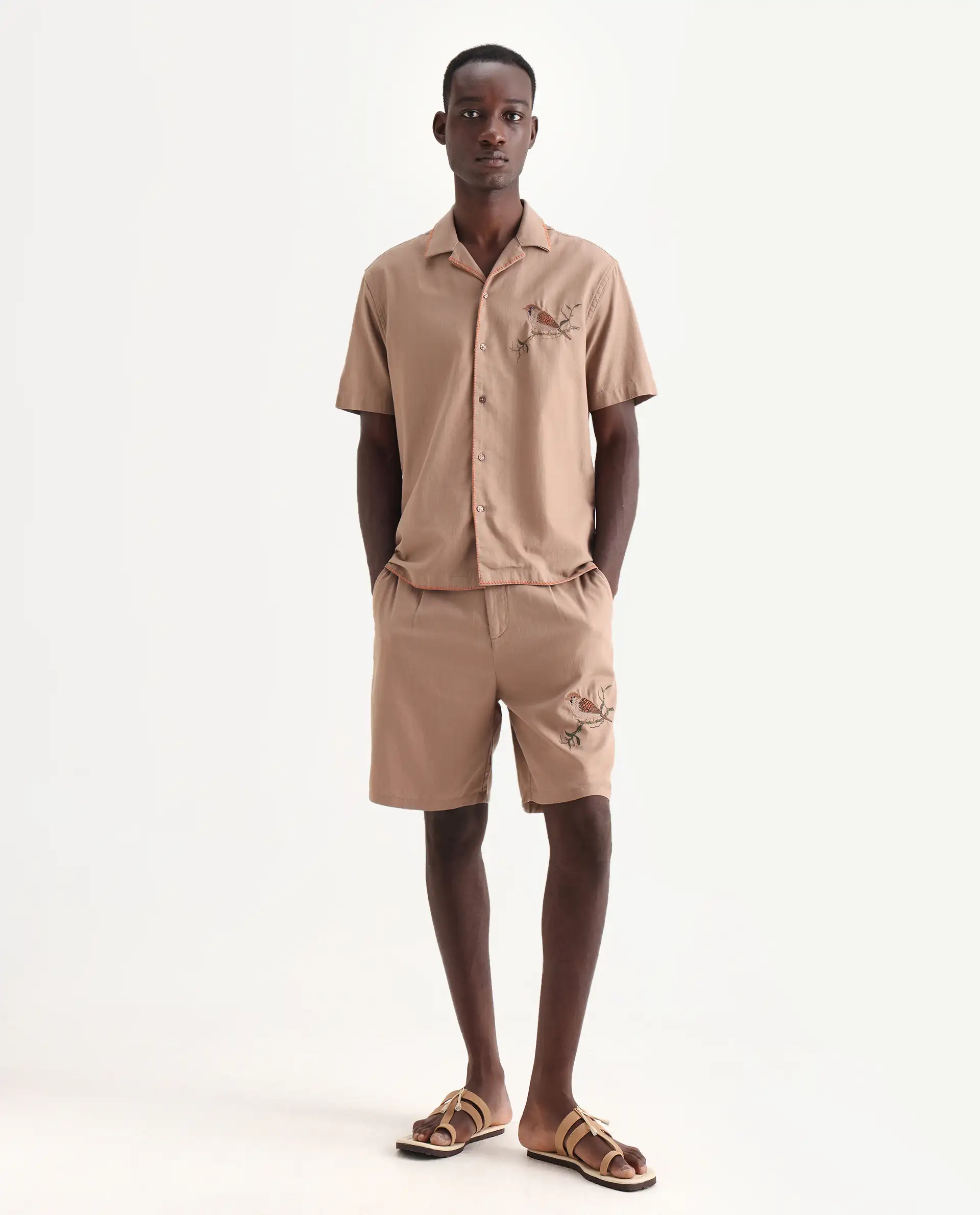 Rare Rabbit Men's Couvin-B Light Brown Cotton Embroidered Regular Fit Shorts - Image 2