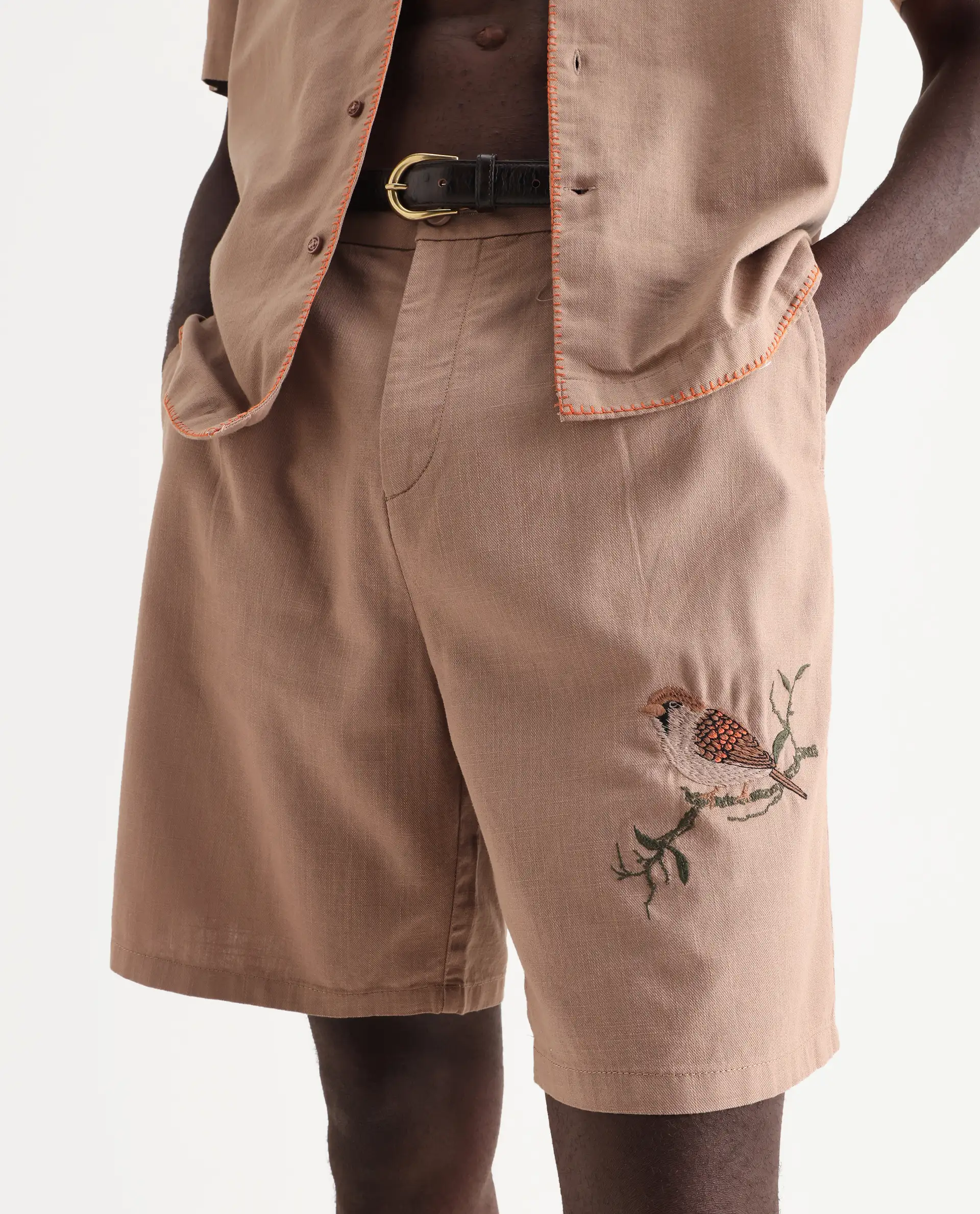 Rare Rabbit Men's Couvin-B Light Brown Cotton Embroidered Regular Fit Shorts - Image 3