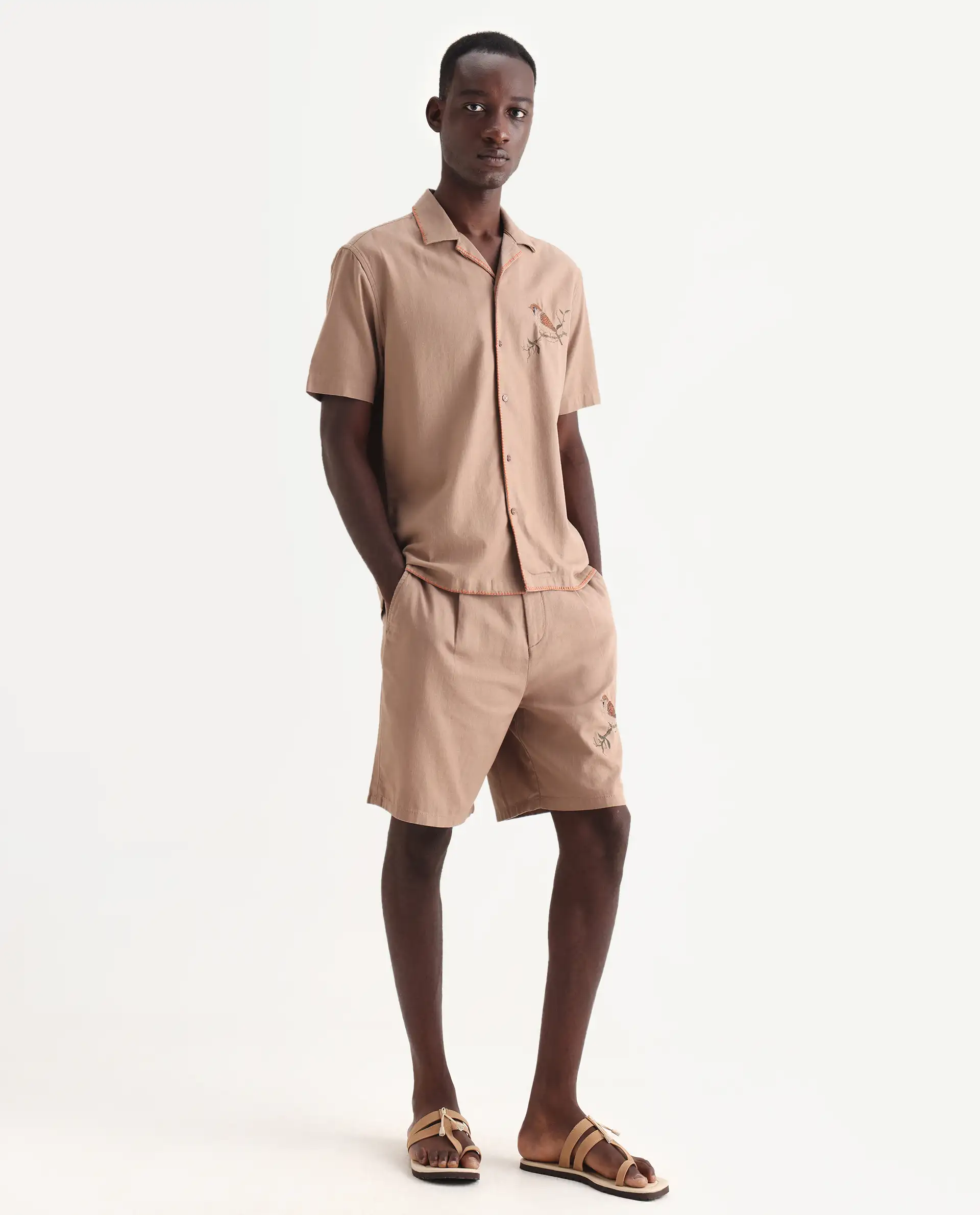 Rare Rabbit Men's Couvin-B Light Brown Cotton Embroidered Regular Fit Shorts - Image 5