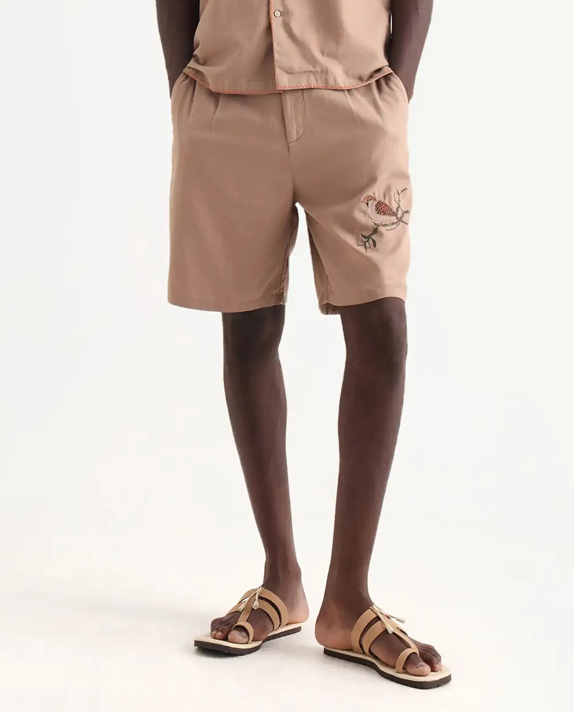 Rare Rabbit Men's Couvin-B Light Brown Cotton Embroidered Regular Fit Shorts - Image 8