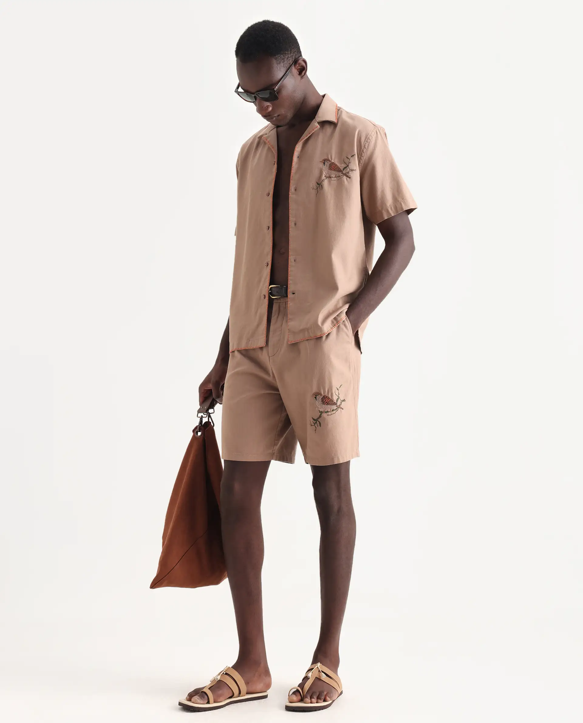 Rare Rabbit Men's Couvin Light Brown Cotton Embroidered Boxy Fit Half Sleeve Cuban Collar Shirt - Image 2