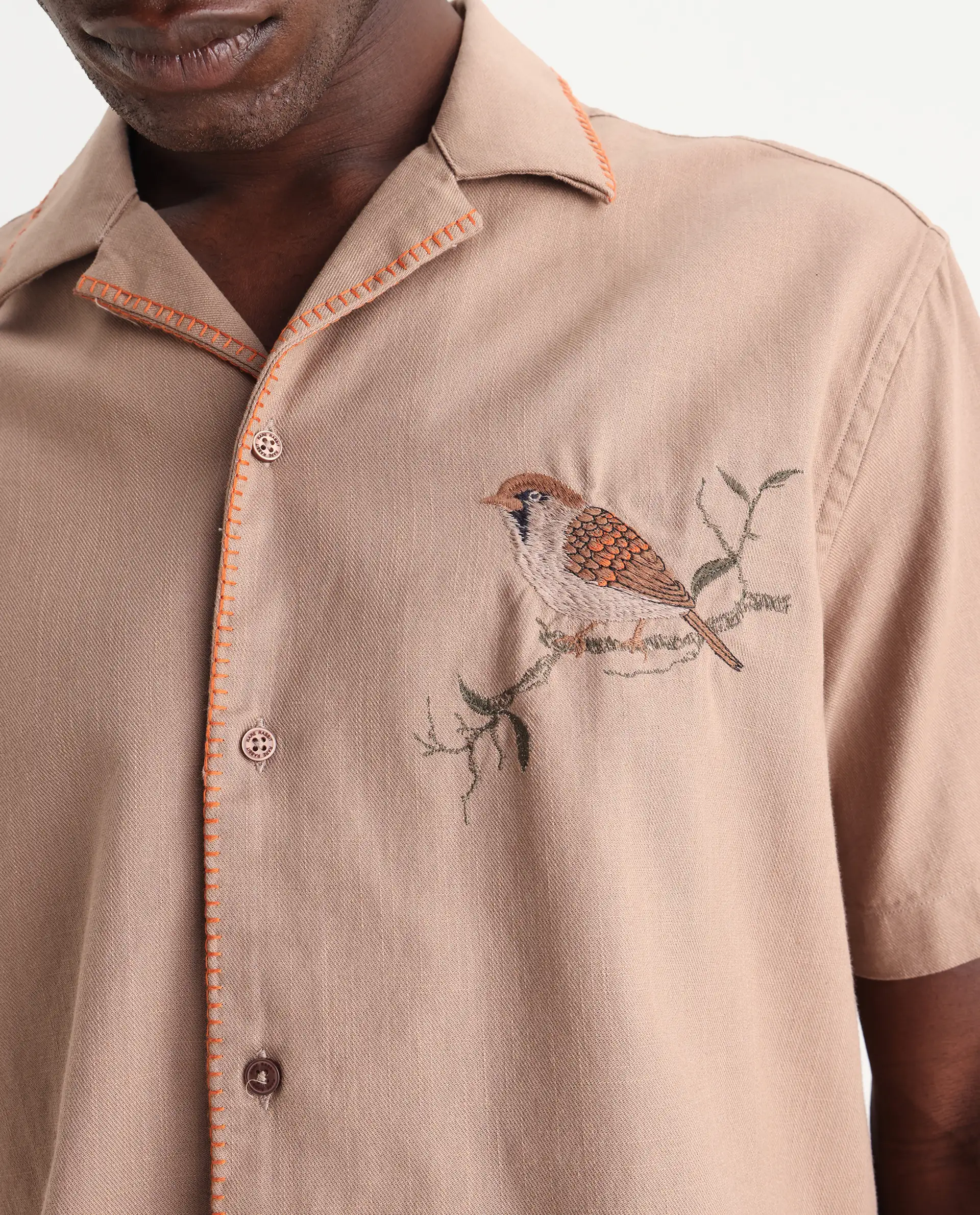 Rare Rabbit Men's Couvin Light Brown Cotton Embroidered Boxy Fit Half Sleeve Cuban Collar Shirt - Image 3