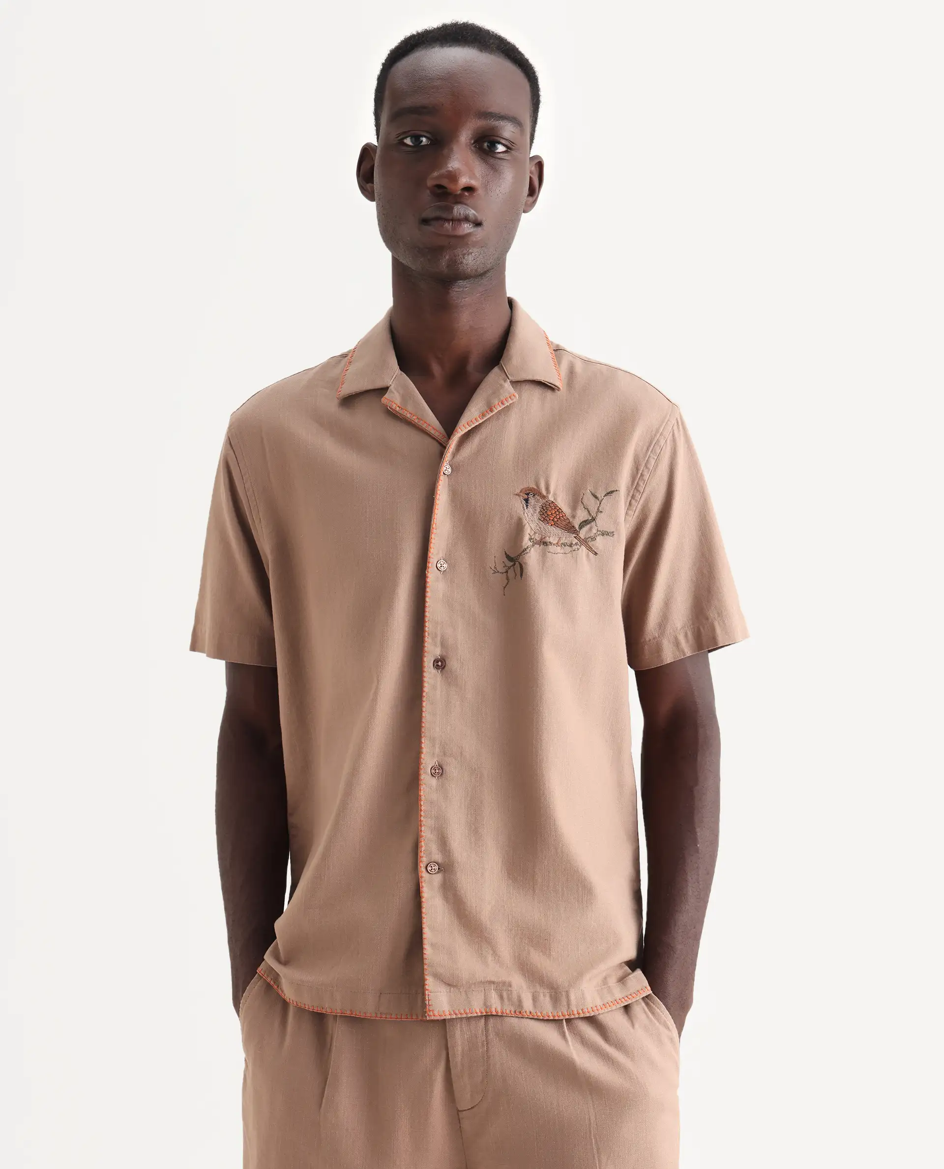 Rare Rabbit Men's Couvin Light Brown Cotton Embroidered Boxy Fit Half Sleeve Cuban Collar Shirt - Image 4