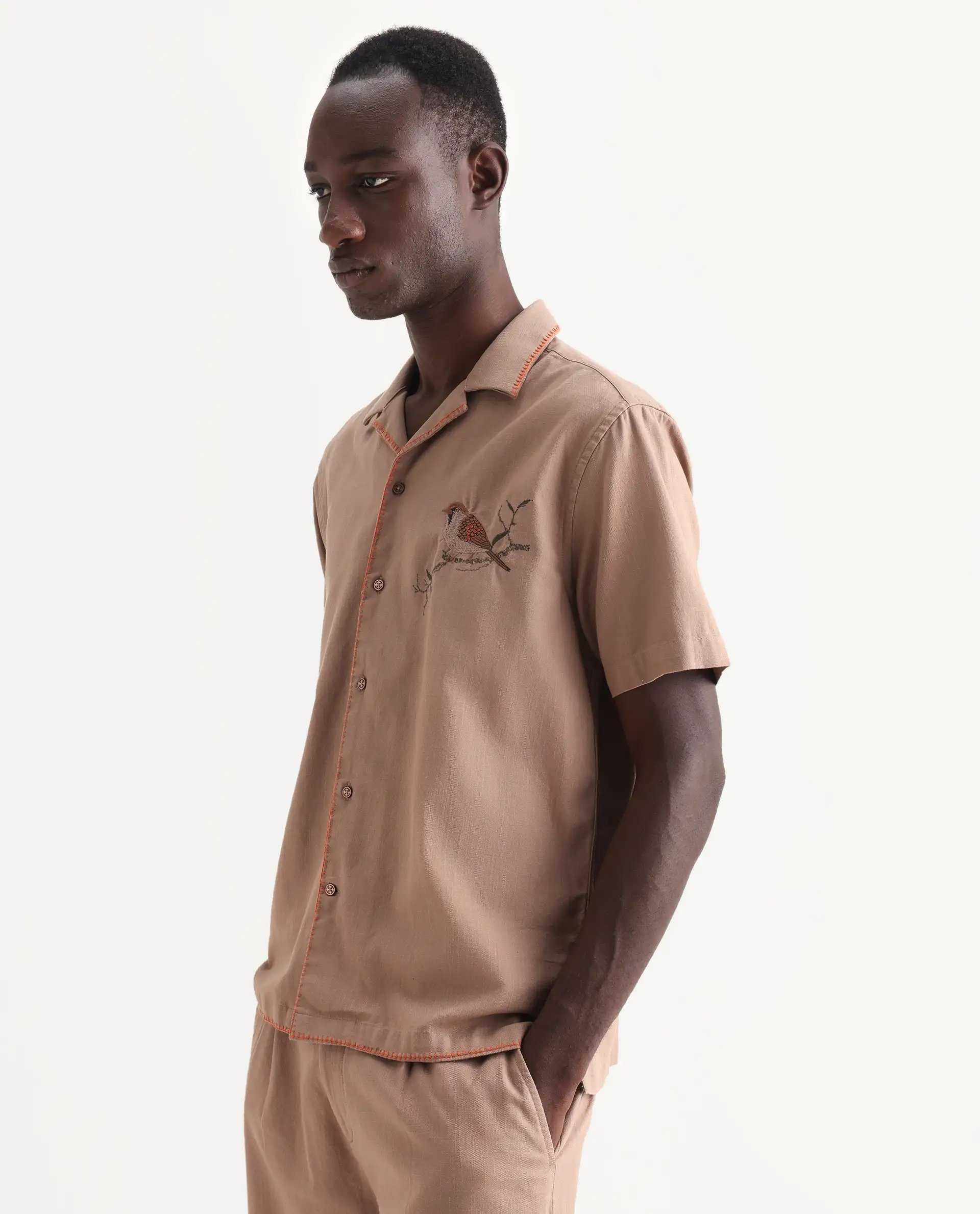 Rare Rabbit Men's Couvin Light Brown Cotton Embroidered Boxy Fit Half Sleeve Cuban Collar Shirt - Image 5