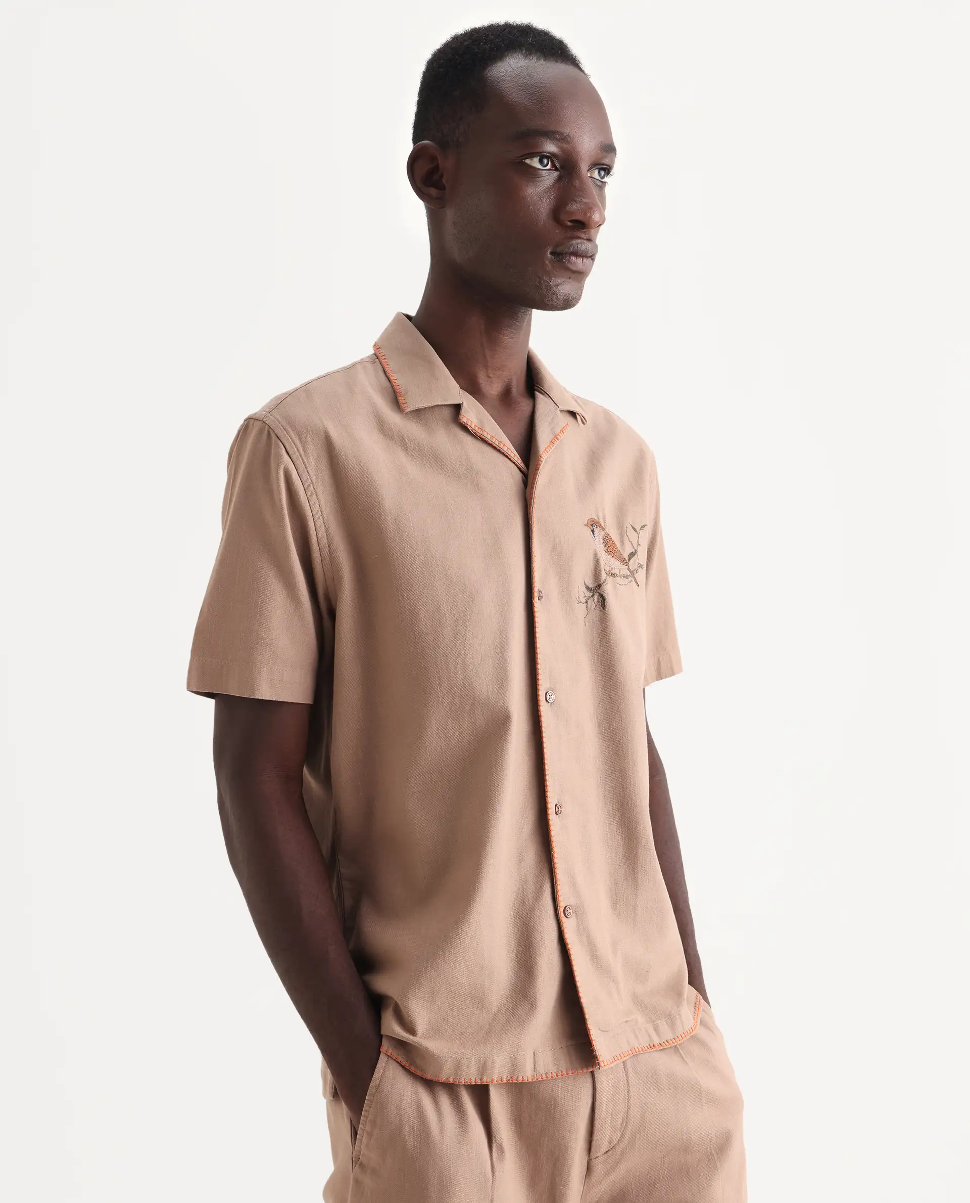 Rare Rabbit Men's Couvin Light Brown Cotton Embroidered Boxy Fit Half Sleeve Cuban Collar Shirt - Image 6
