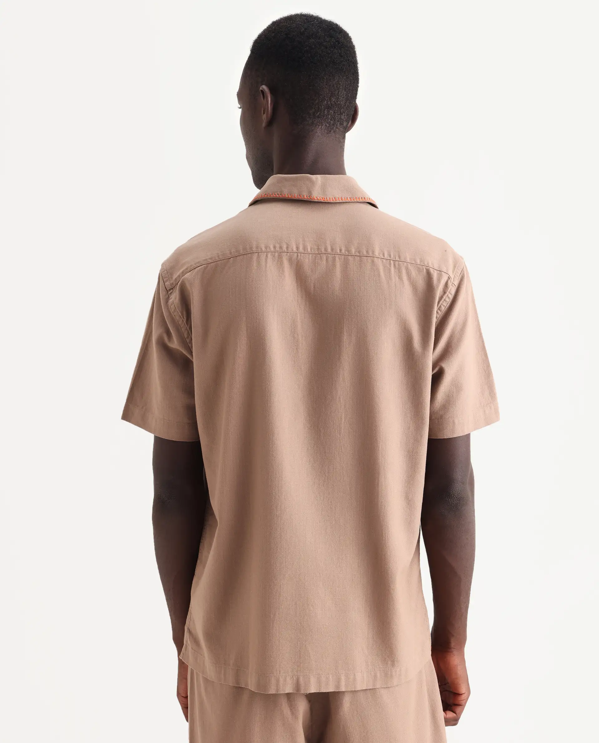 Rare Rabbit Men's Couvin Light Brown Cotton Embroidered Boxy Fit Half Sleeve Cuban Collar Shirt - Image 7