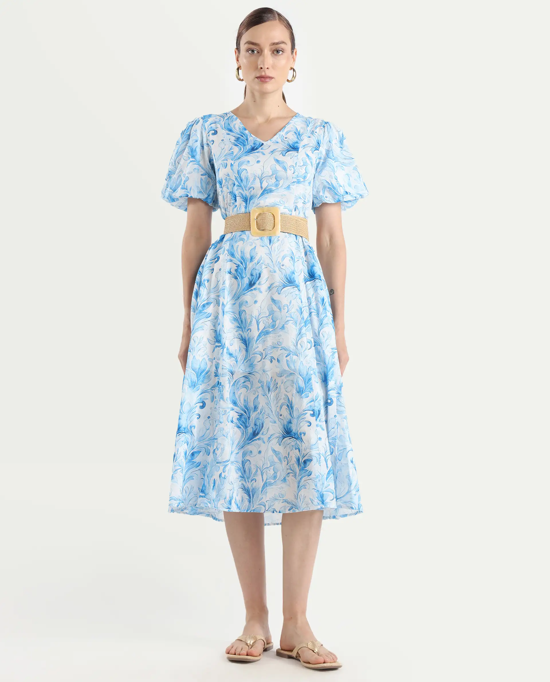 Rareism Women's Covan Light Blue Cotton V-Neck Paisley Print Balloon Sleeve Midi Fit And Flare Dress - Image 2