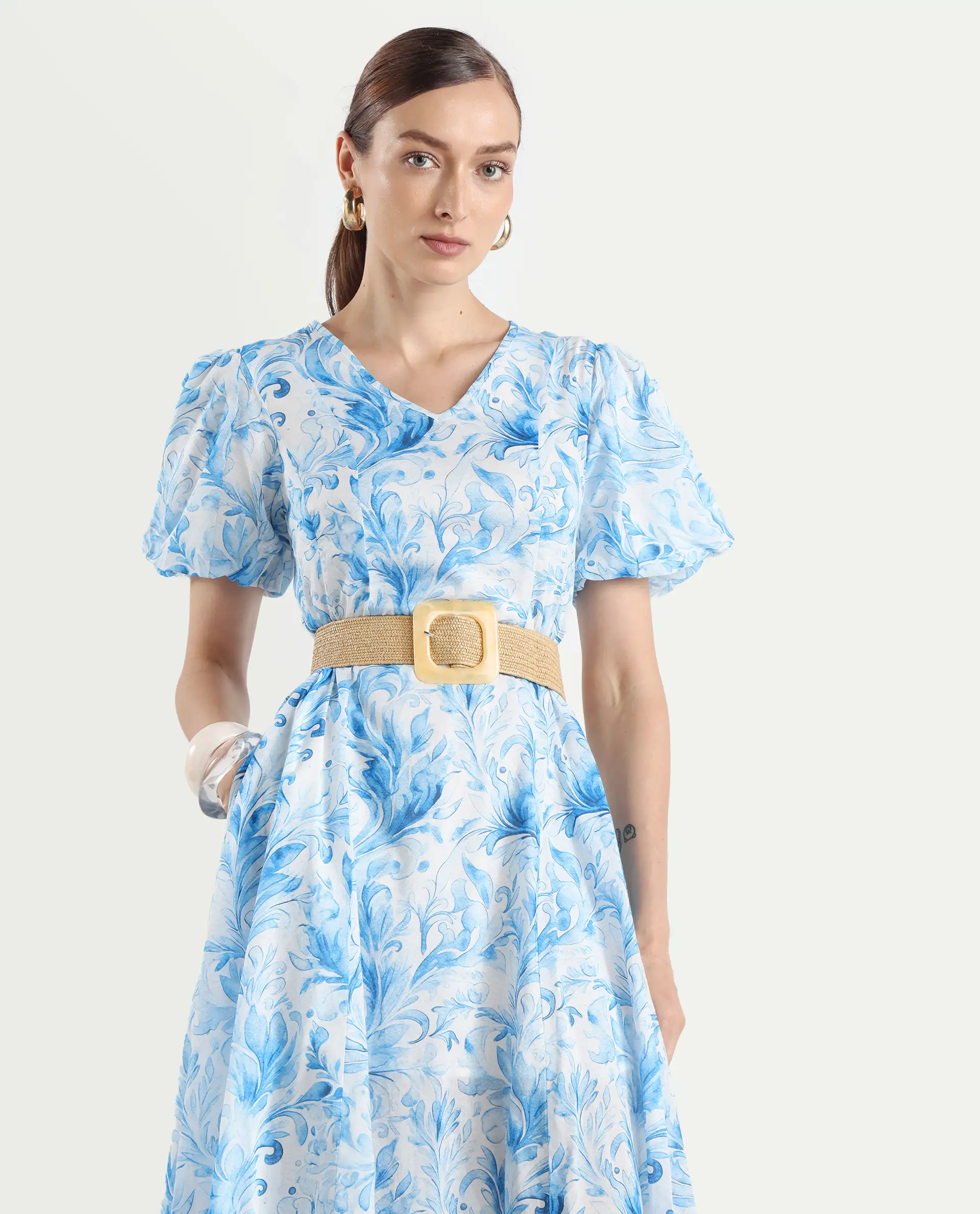 Rareism Women's Covan Light Blue Cotton V-Neck Paisley Print Balloon Sleeve Midi Fit And Flare Dress - Image 3