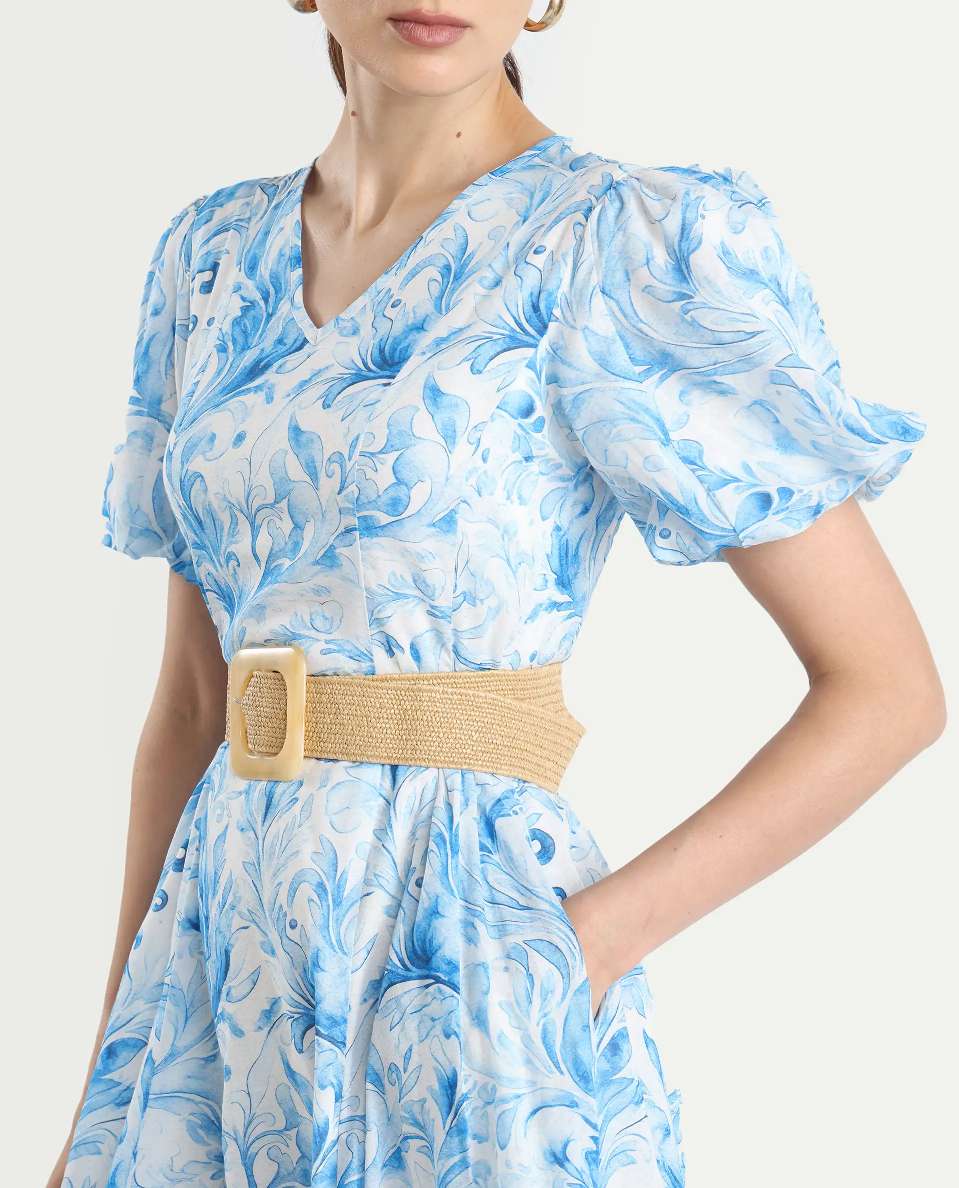 Rareism Women's Covan Light Blue Cotton V-Neck Paisley Print Balloon Sleeve Midi Fit And Flare Dress - Image 4