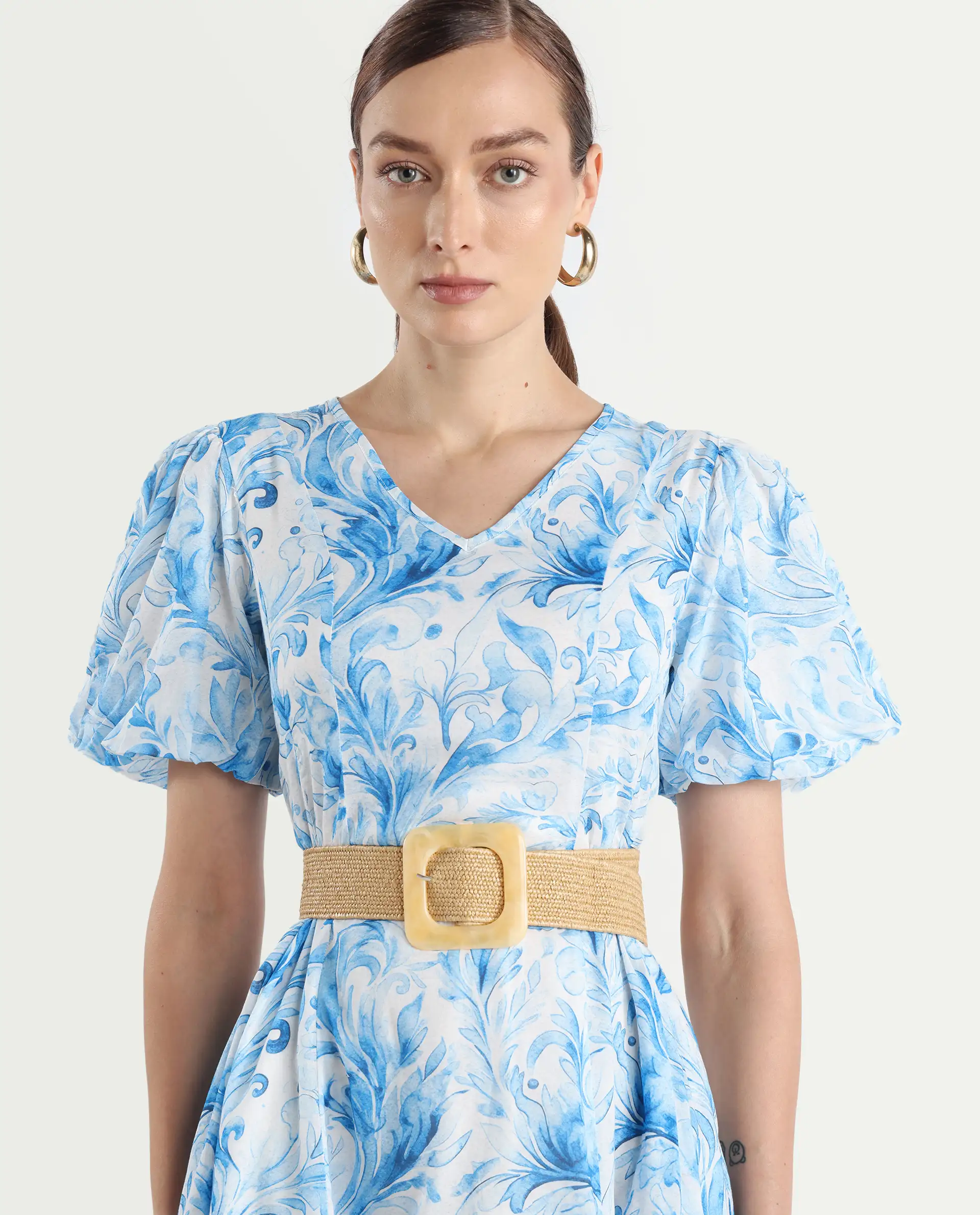 Rareism Women's Covan Light Blue Cotton V-Neck Paisley Print Balloon Sleeve Midi Fit And Flare Dress - Image 5