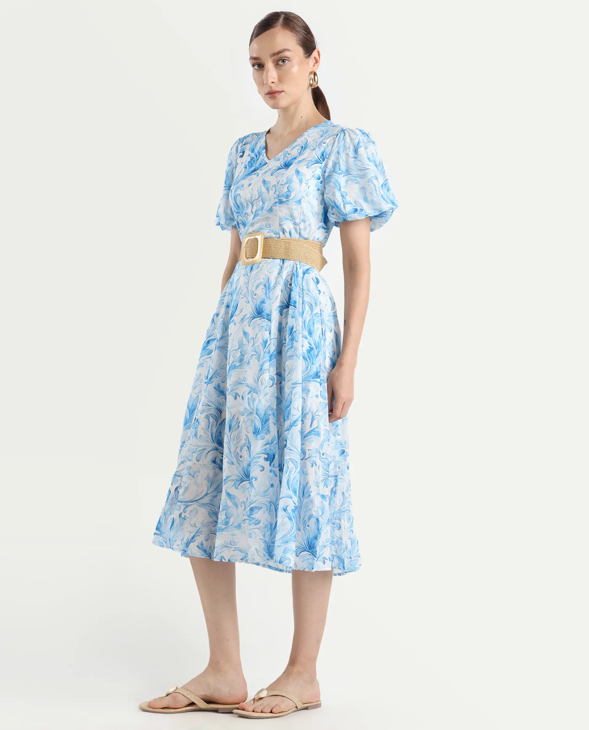 Rareism Women's Covan Light Blue Cotton V-Neck Paisley Print Balloon Sleeve Midi Fit And Flare Dress - Image 6