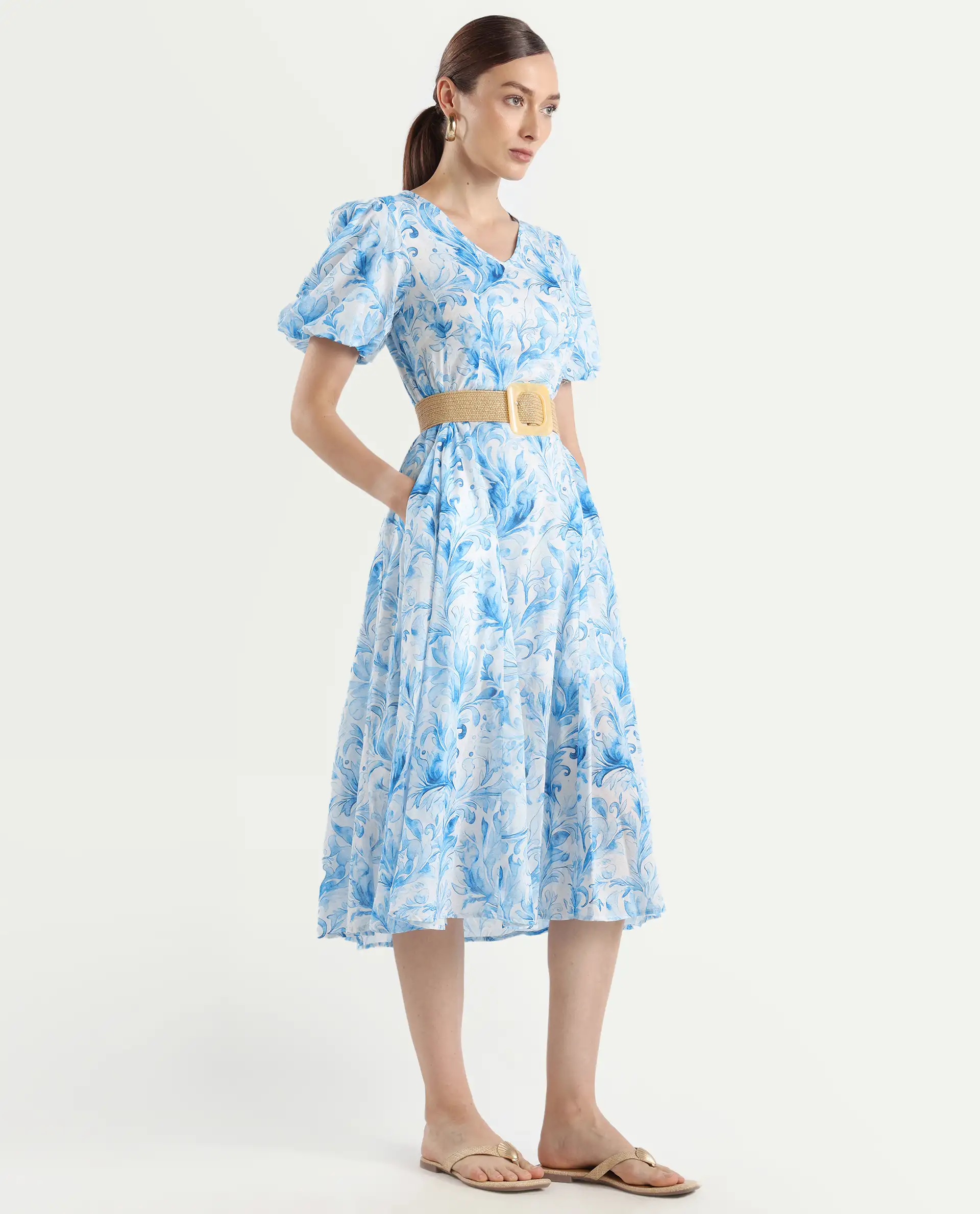 Rareism Women's Covan Light Blue Cotton V-Neck Paisley Print Balloon Sleeve Midi Fit And Flare Dress - Image 7