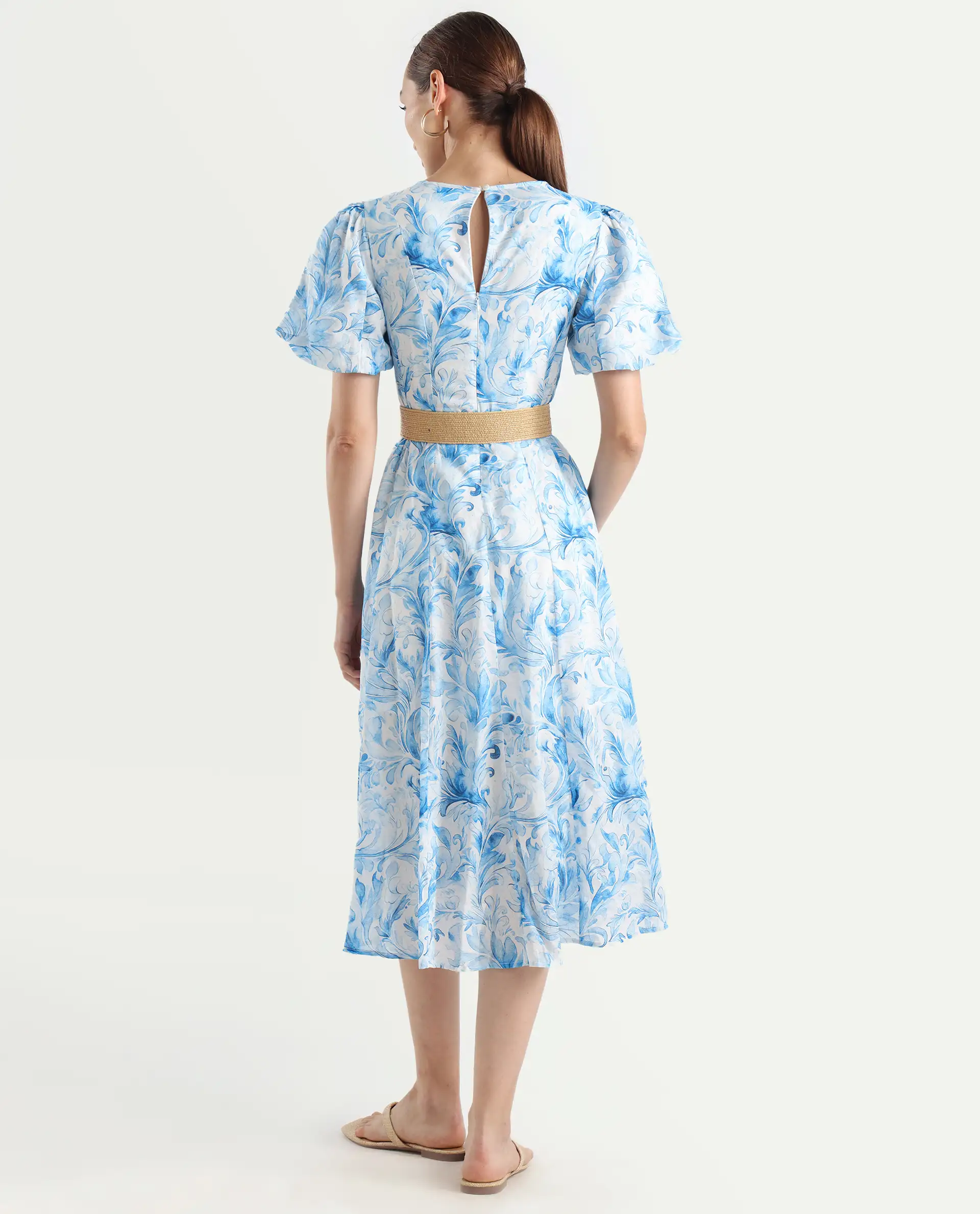 Rareism Women's Covan Light Blue Cotton V-Neck Paisley Print Balloon Sleeve Midi Fit And Flare Dress - Image 8