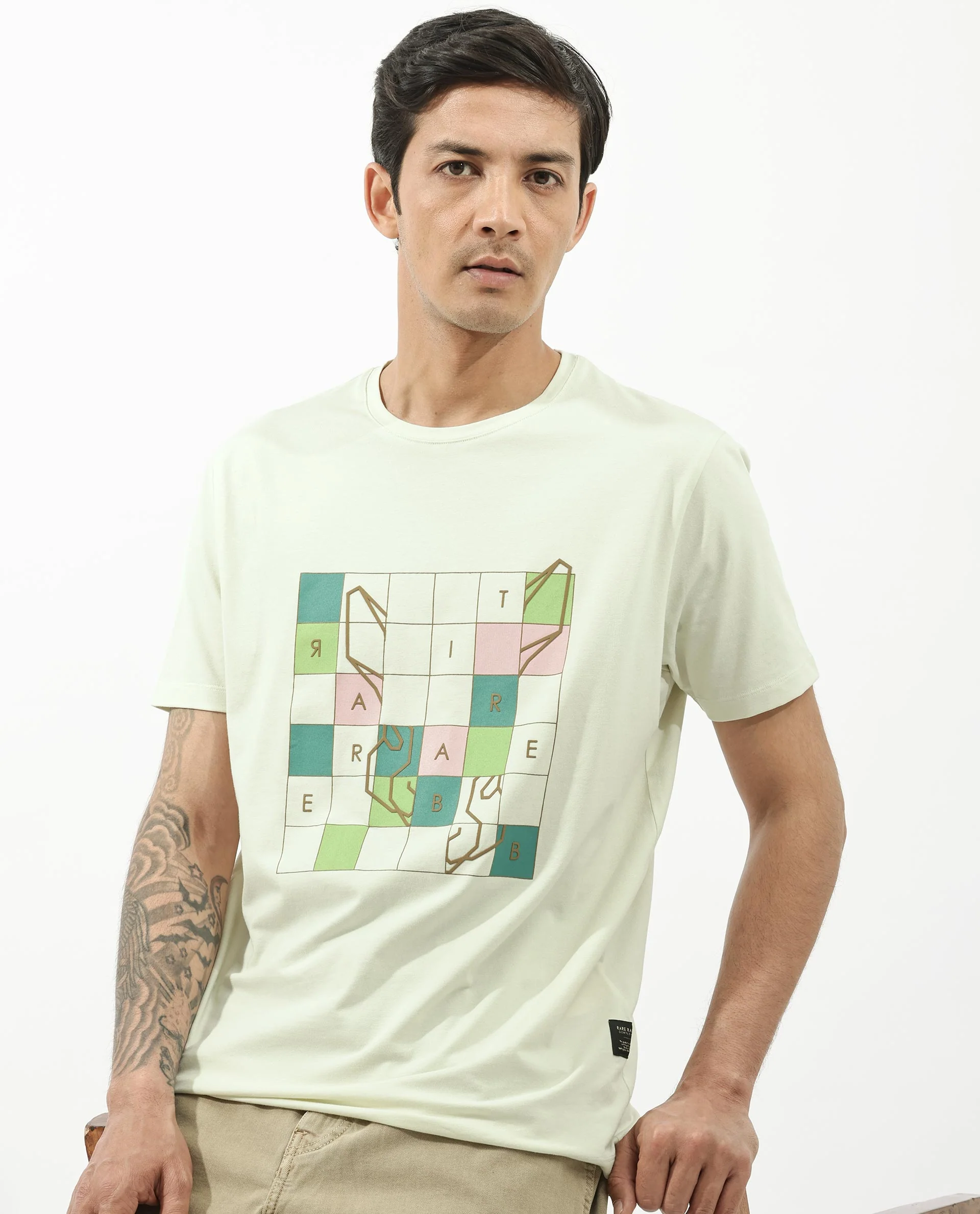 Rare Rabbit Articale Mens Cove Pastel Green Cotton Polyester Fabric Short Sleeve Crew Neck Regular Fit Graphic Printed T-Shirt - Image 4