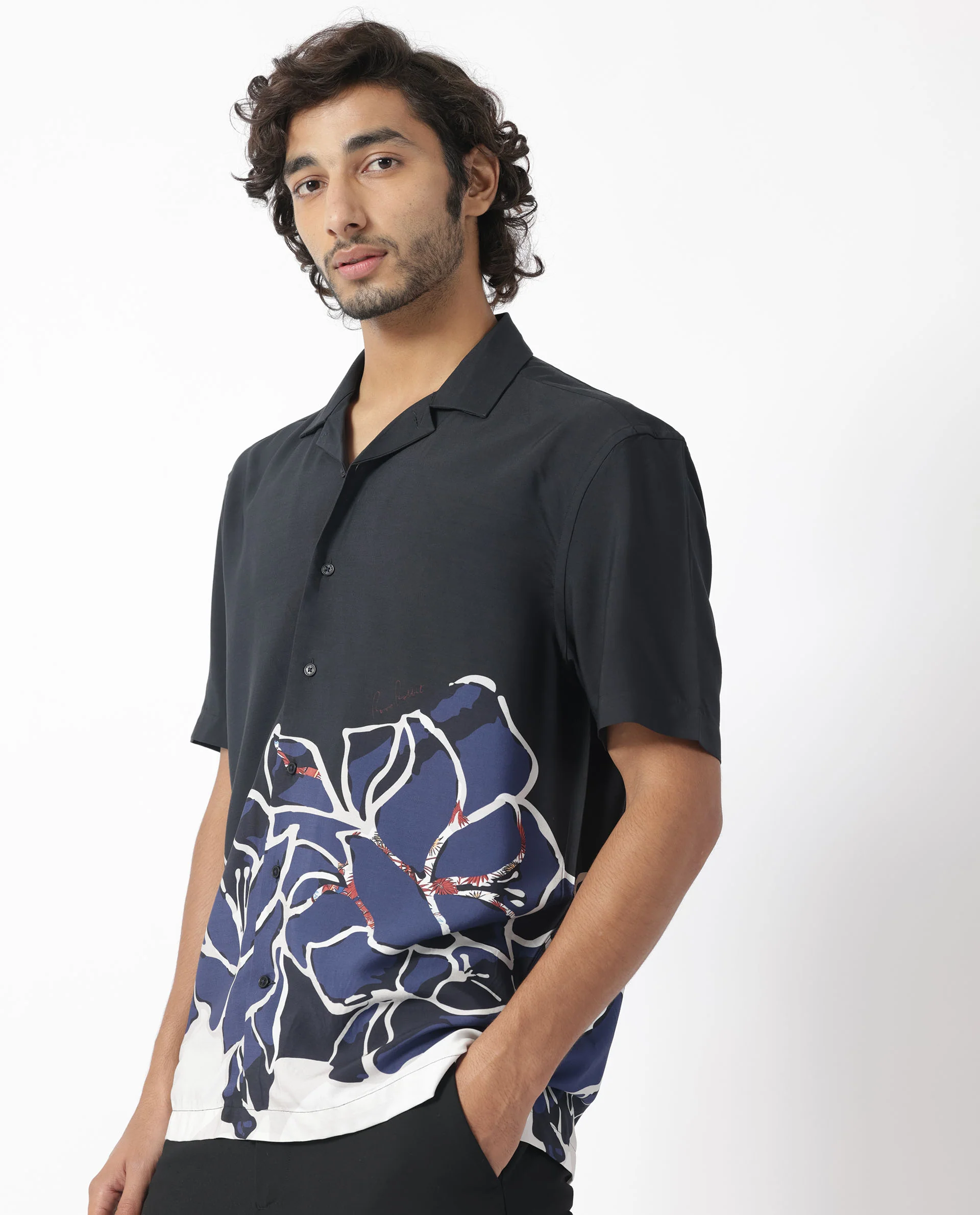 Rare Rabbit Men's Covek Black Viscose Floral Print Regular Fit Half Sleeve Cuban Collar Shirt - Image 3