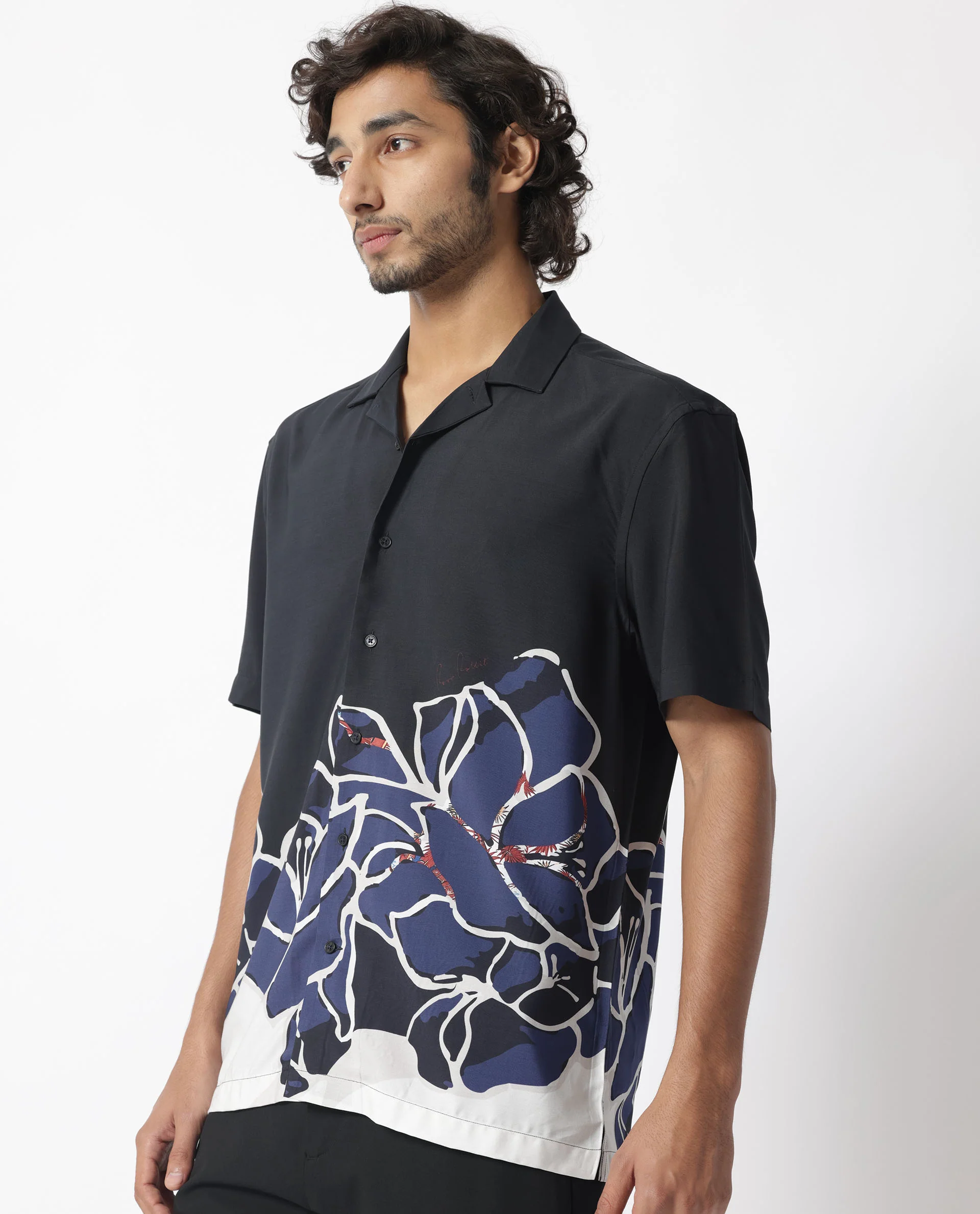 Rare Rabbit Men's Covek Black Viscose Floral Print Regular Fit Half Sleeve Cuban Collar Shirt - Image 5