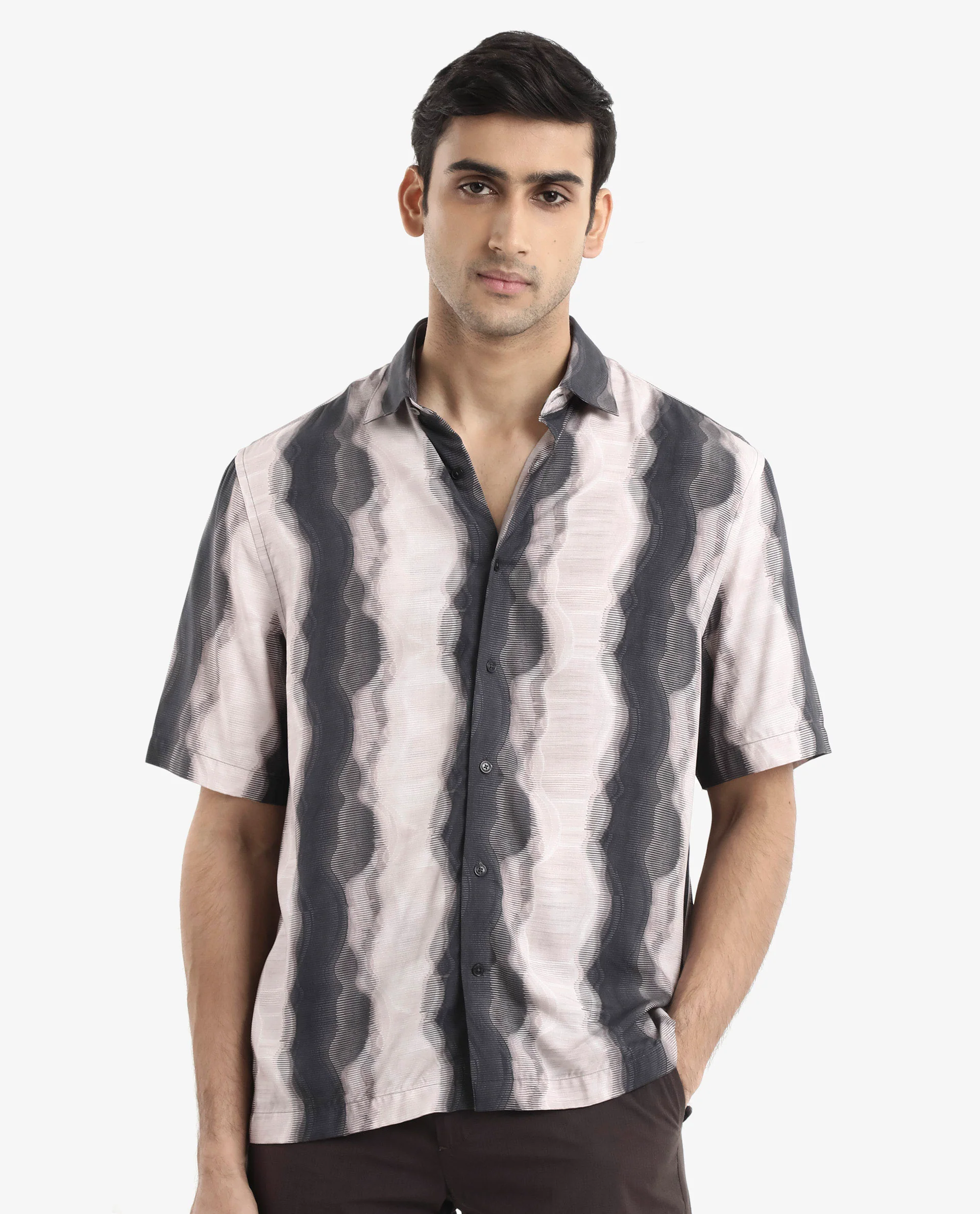 Rare Rabbit Men's Covel Black Viscose Abstract Print Regular Fit Half Sleeve Collared Shirt - Image 3