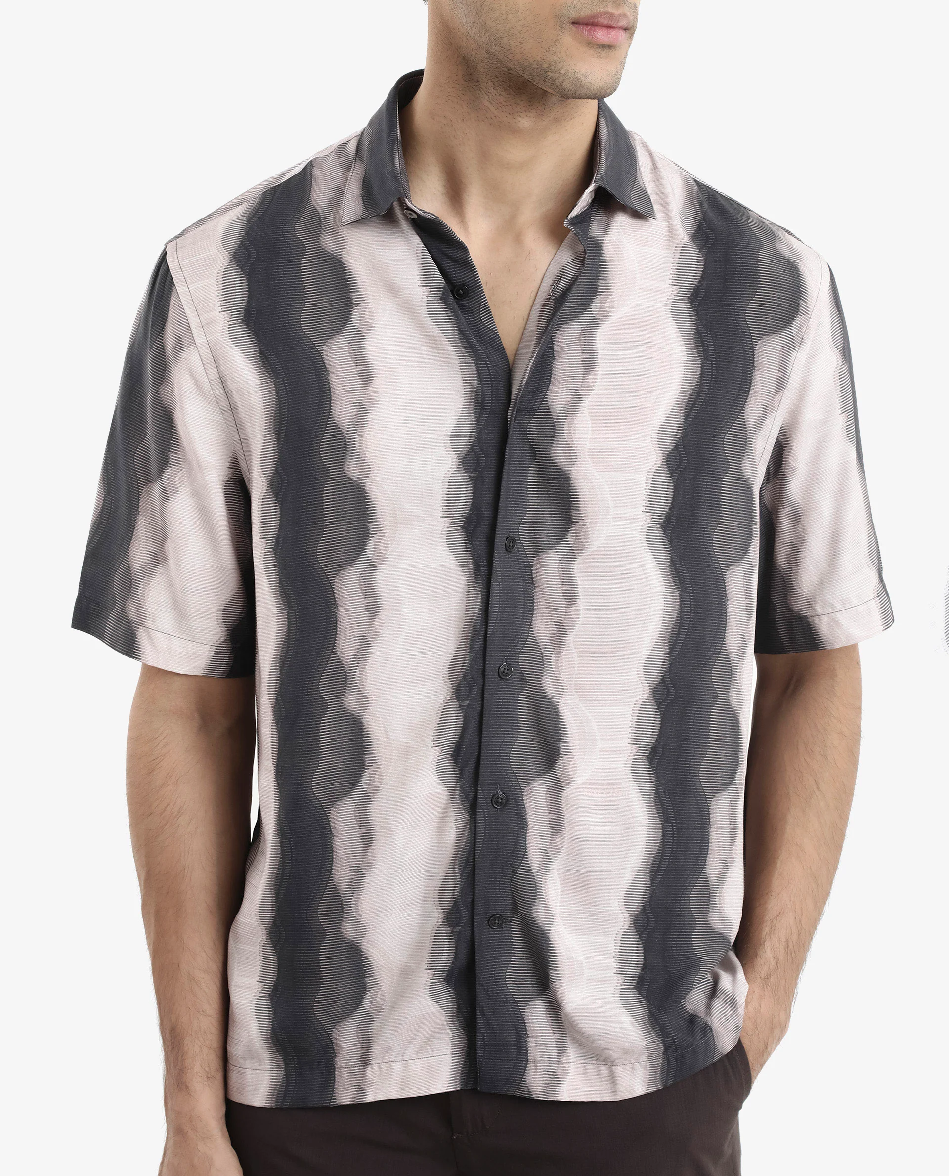 Rare Rabbit Men's Covel Black Viscose Abstract Print Regular Fit Half Sleeve Collared Shirt - Image 4