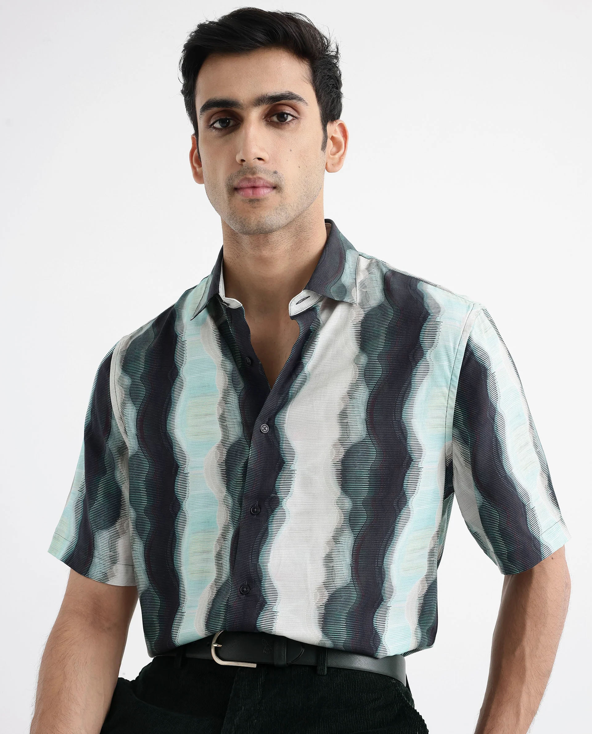 Rare Rabbit Men's Covel Dark Turq Viscose Abstract Print Regular Fit Half Sleeve Collared Shirt