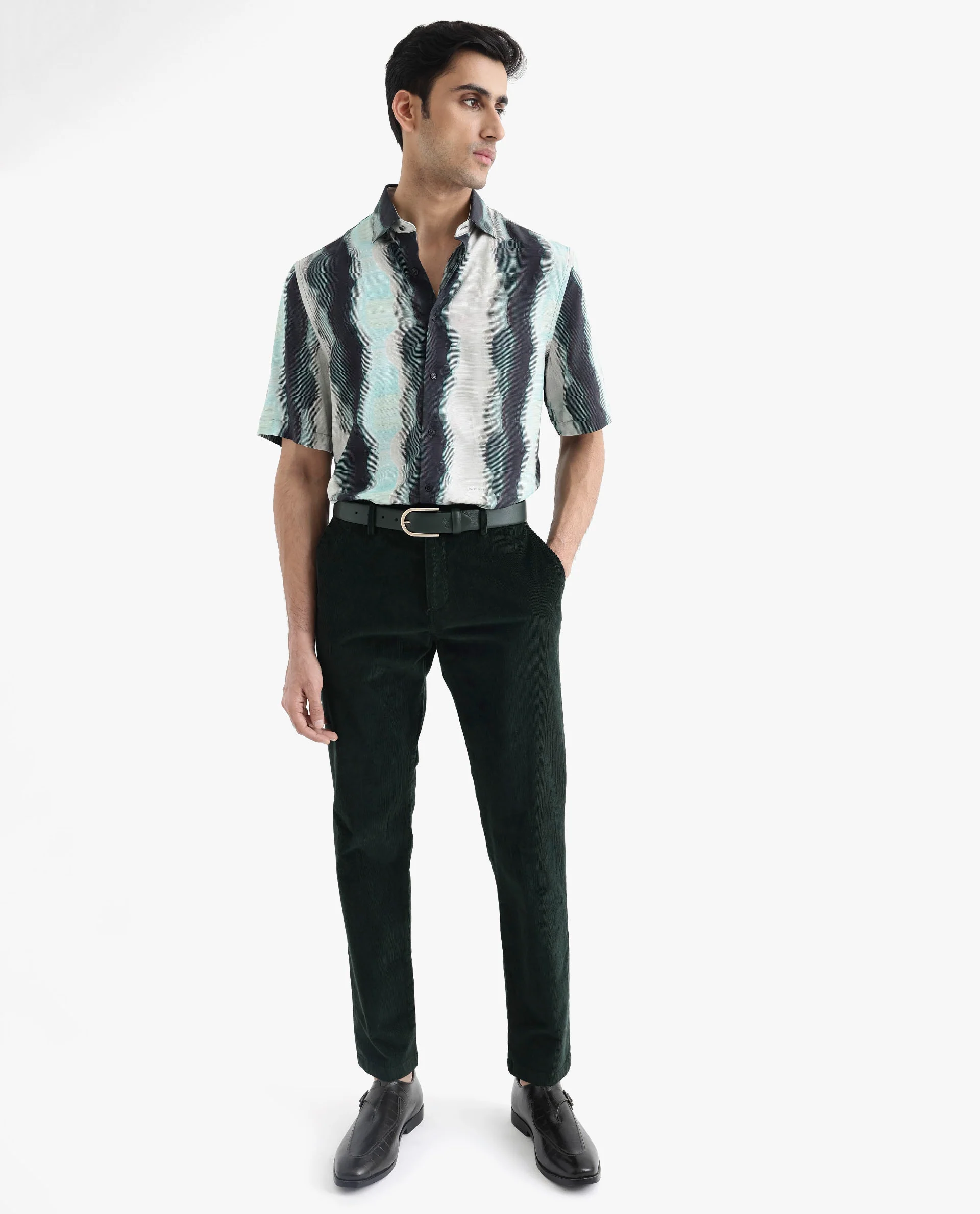 Rare Rabbit Men's Covel Dark Turq Viscose Abstract Print Regular Fit Half Sleeve Collared Shirt - Image 2
