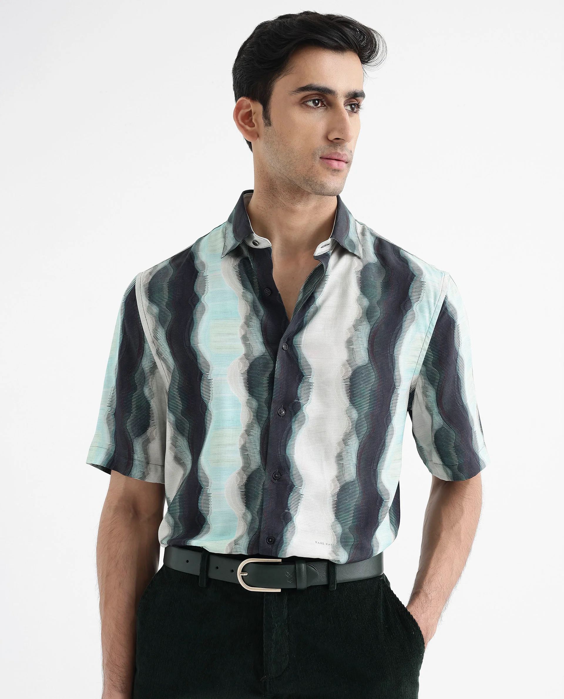 Rare Rabbit Men's Covel Dark Turq Viscose Abstract Print Regular Fit Half Sleeve Collared Shirt - Image 3