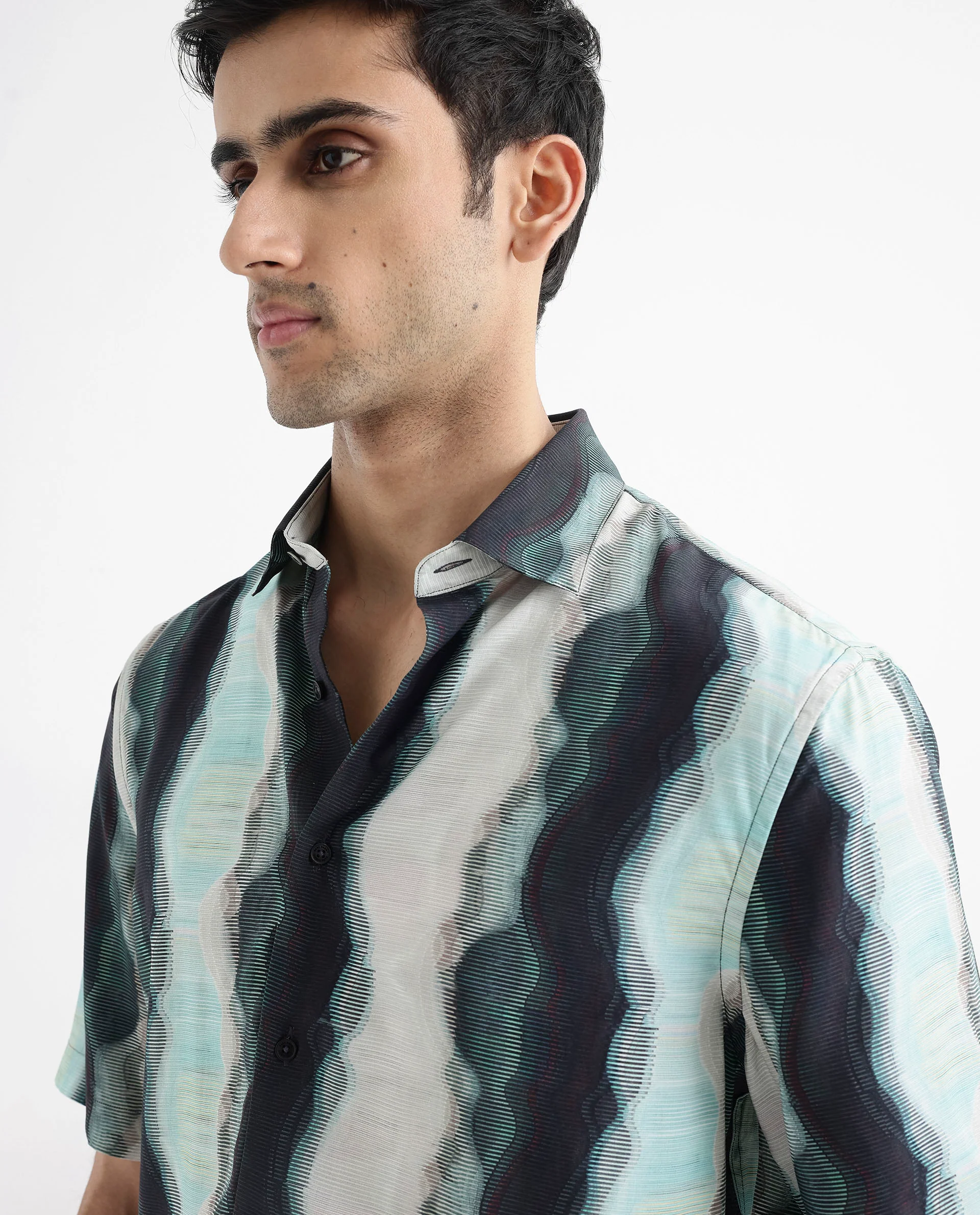 Rare Rabbit Men's Covel Dark Turq Viscose Abstract Print Regular Fit Half Sleeve Collared Shirt - Image 4