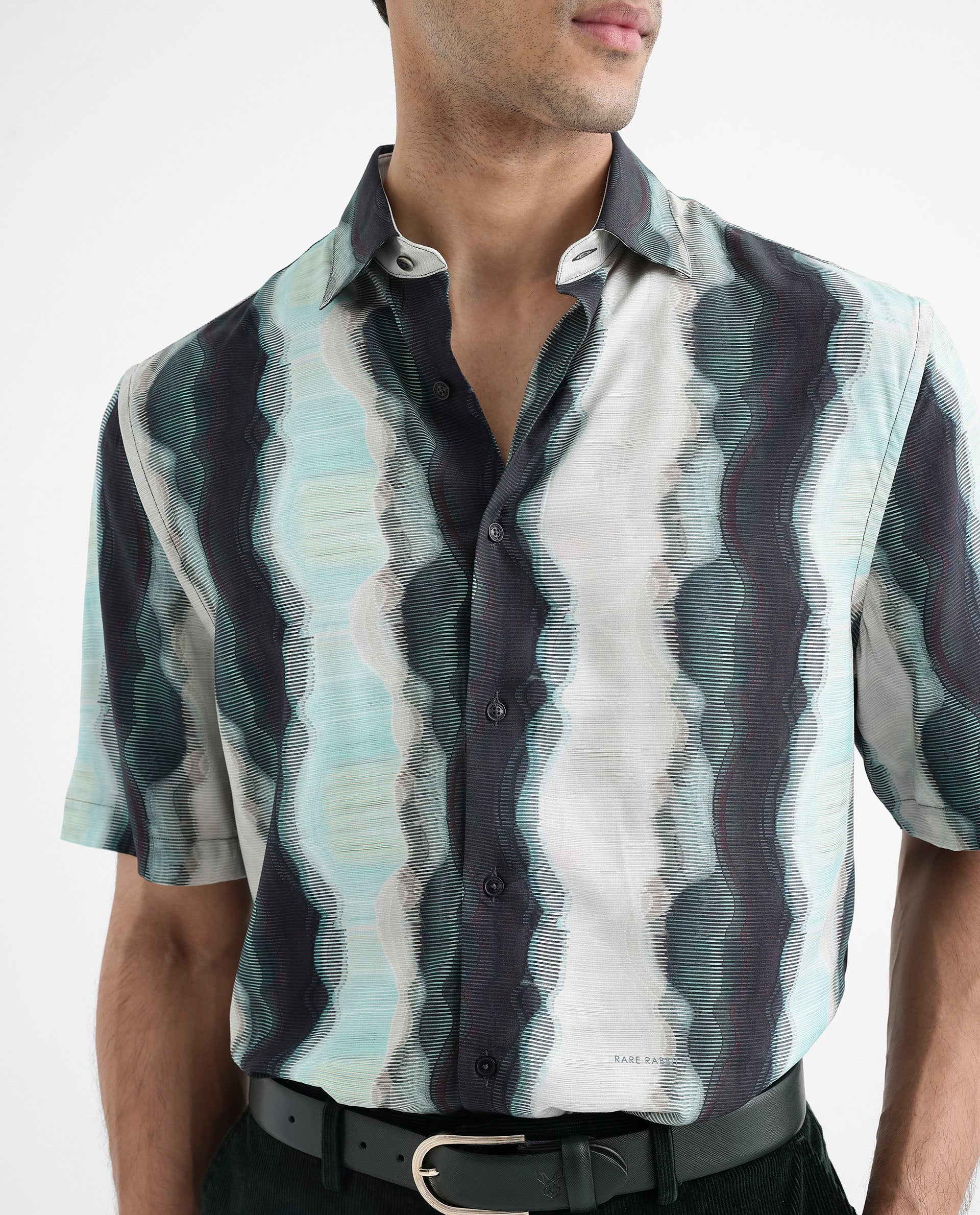 Rare Rabbit Men's Covel Dark Turq Viscose Abstract Print Regular Fit Half Sleeve Collared Shirt - Image 5