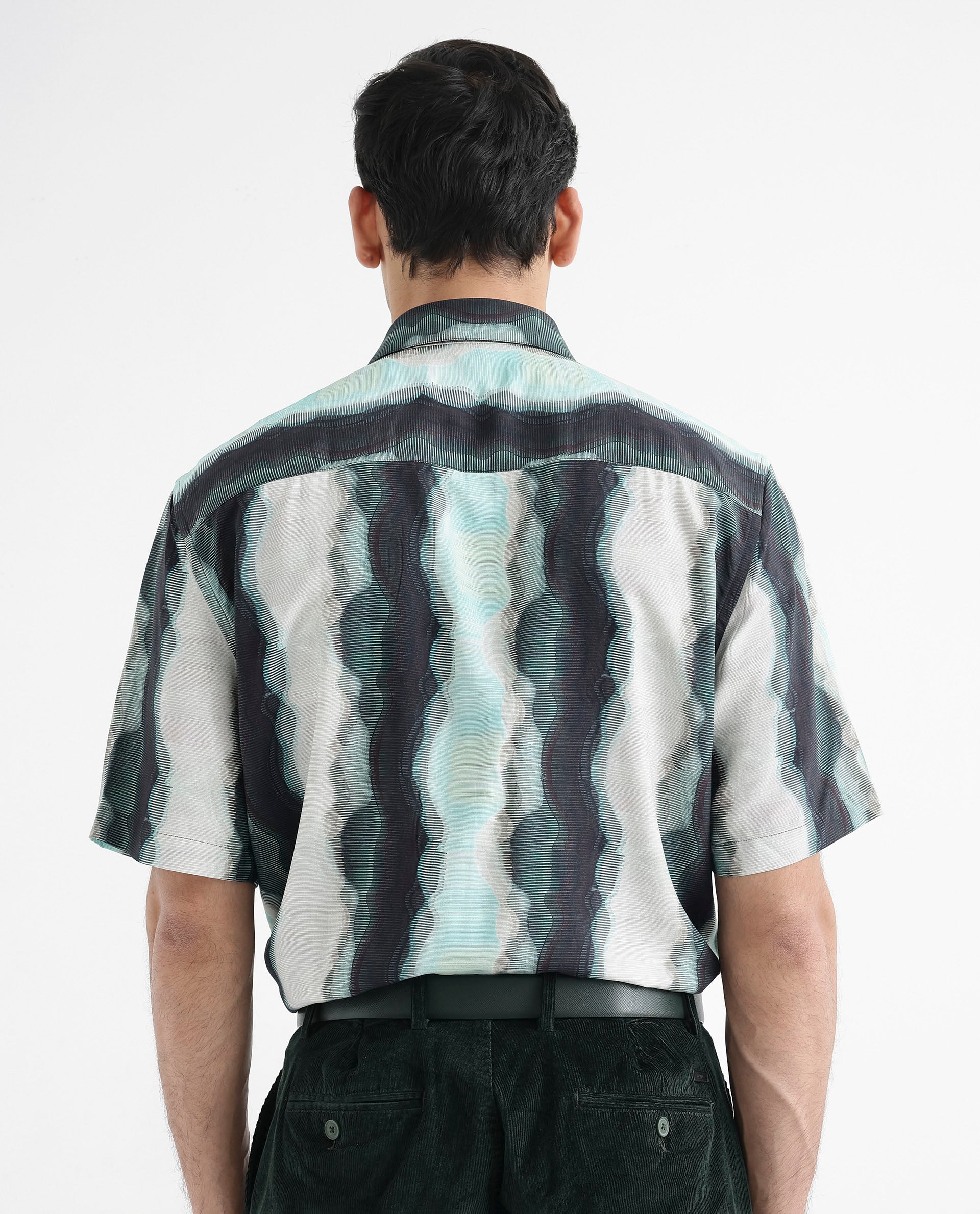 Rare Rabbit Men's Covel Dark Turq Viscose Abstract Print Regular Fit Half Sleeve Collared Shirt - Image 6