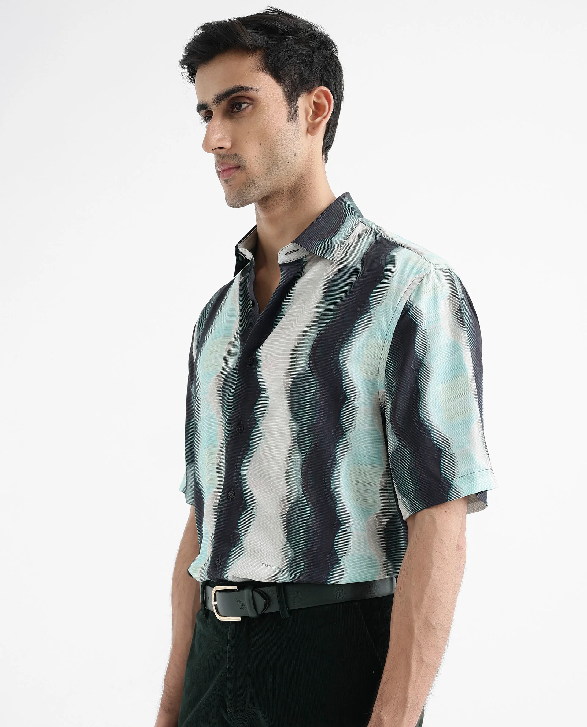 Rare Rabbit Men's Covel Dark Turq Viscose Abstract Print Regular Fit Half Sleeve Collared Shirt - Image 7