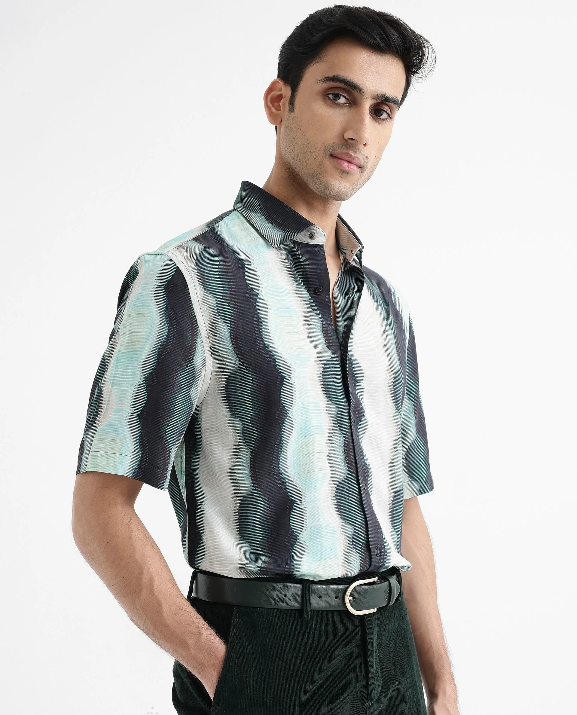 Rare Rabbit Men's Covel Dark Turq Viscose Abstract Print Regular Fit Half Sleeve Collared Shirt - Image 8