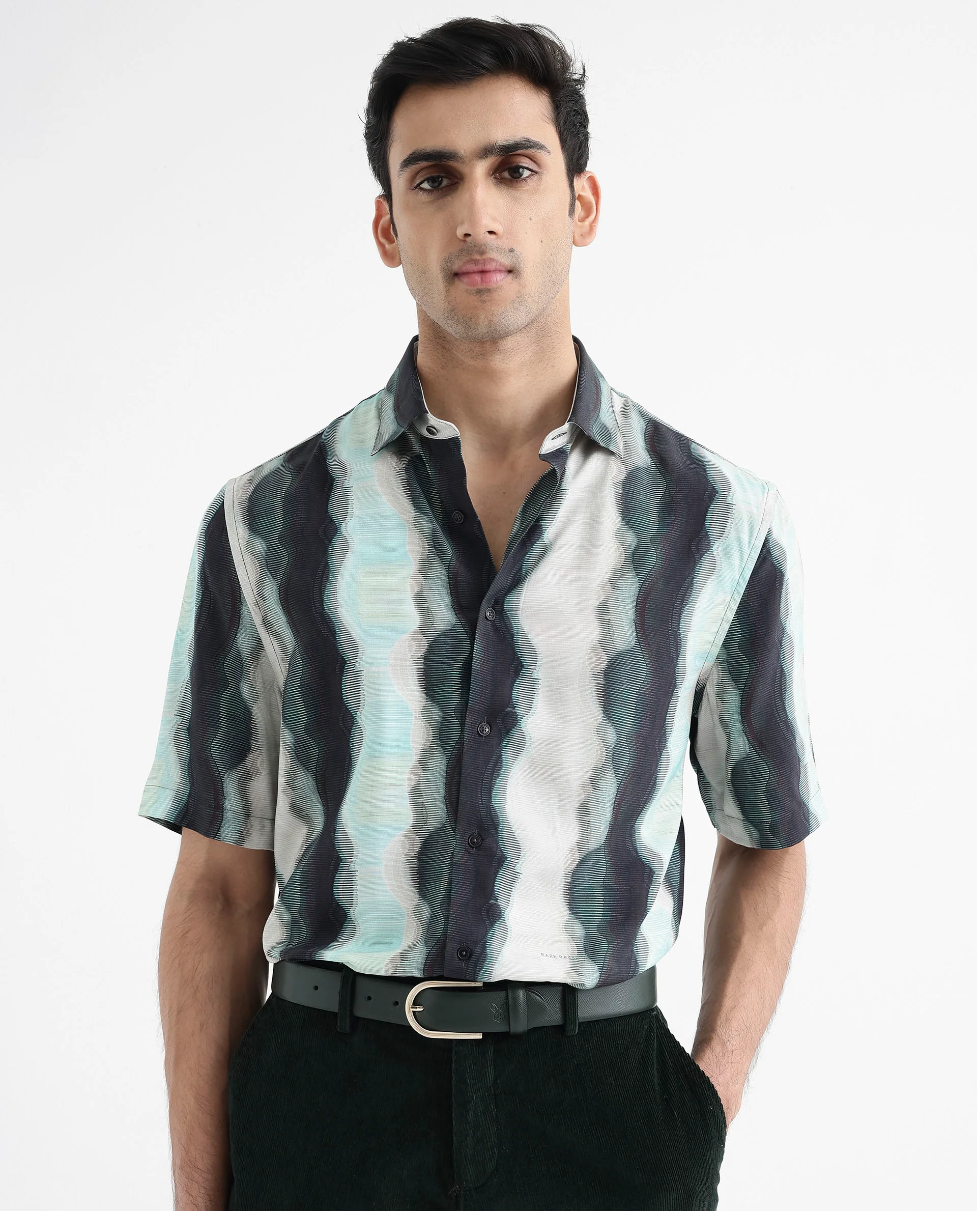 Rare Rabbit Men's Covel Dark Turq Viscose Abstract Print Regular Fit Half Sleeve Collared Shirt - Image 9