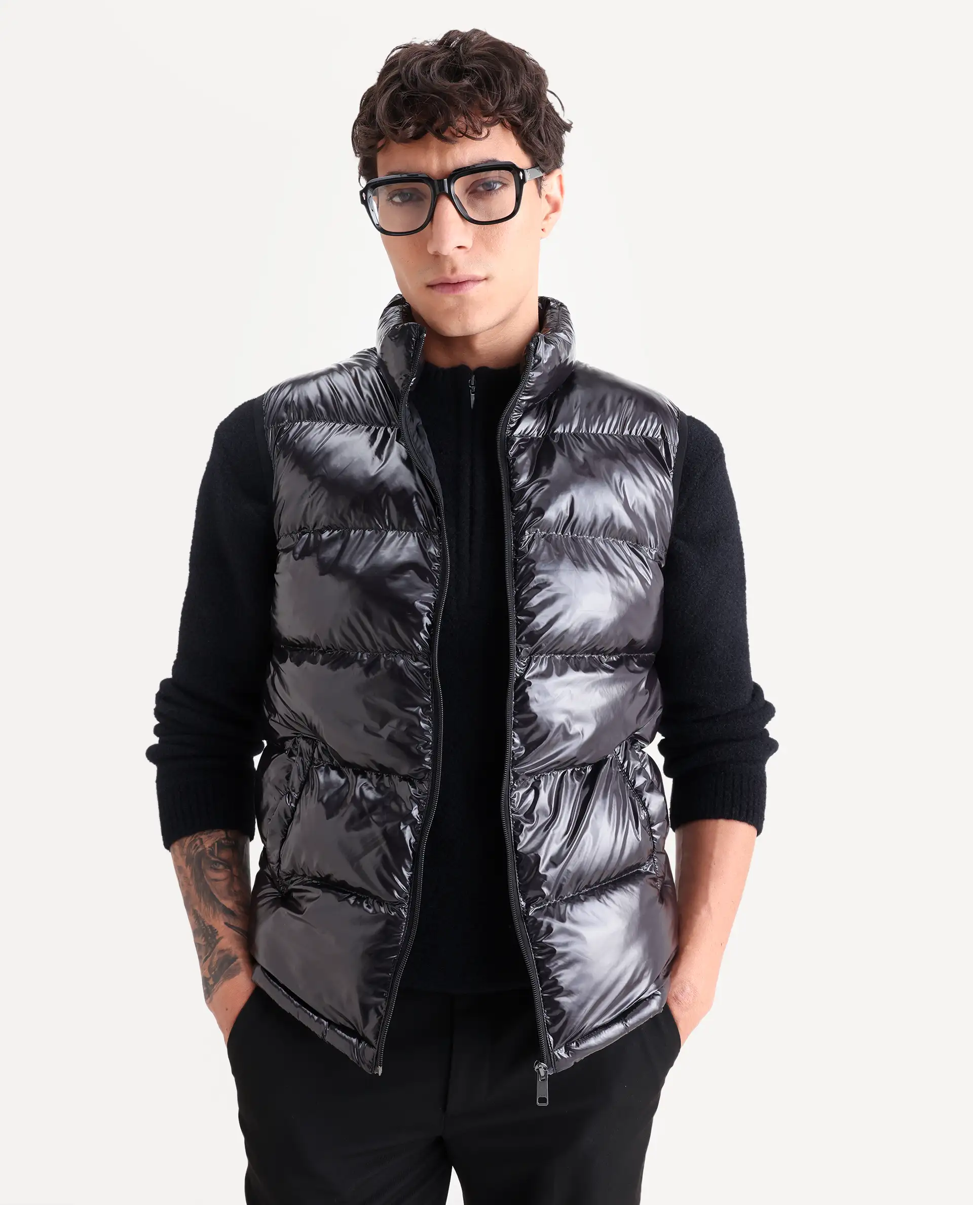 Rare Rabbit Men's Cover Black Polyester Plain Relaxed Fit Sleeveless High Neck Jacket