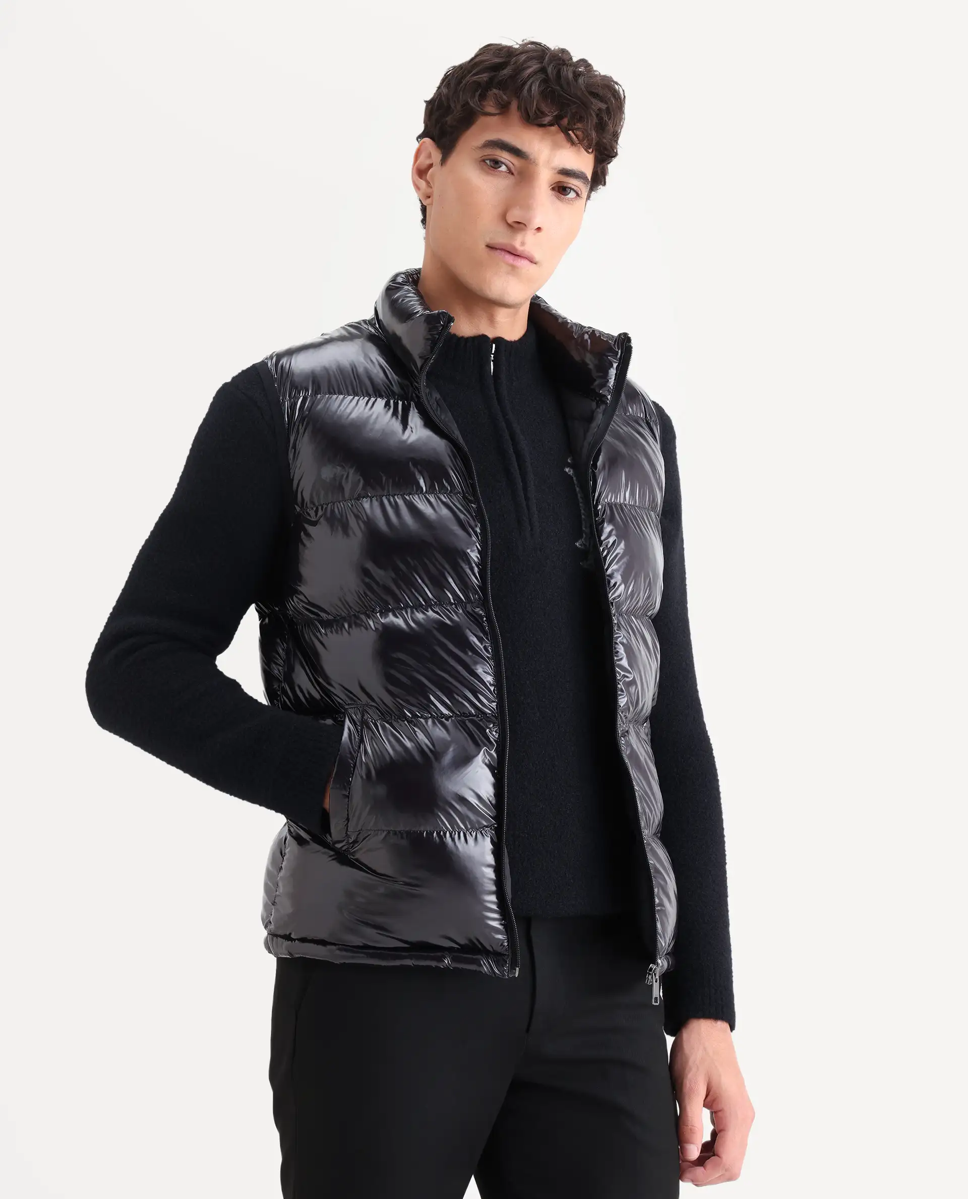 Rare Rabbit Men's Cover Black Polyester Plain Relaxed Fit Sleeveless High Neck Jacket - Image 7