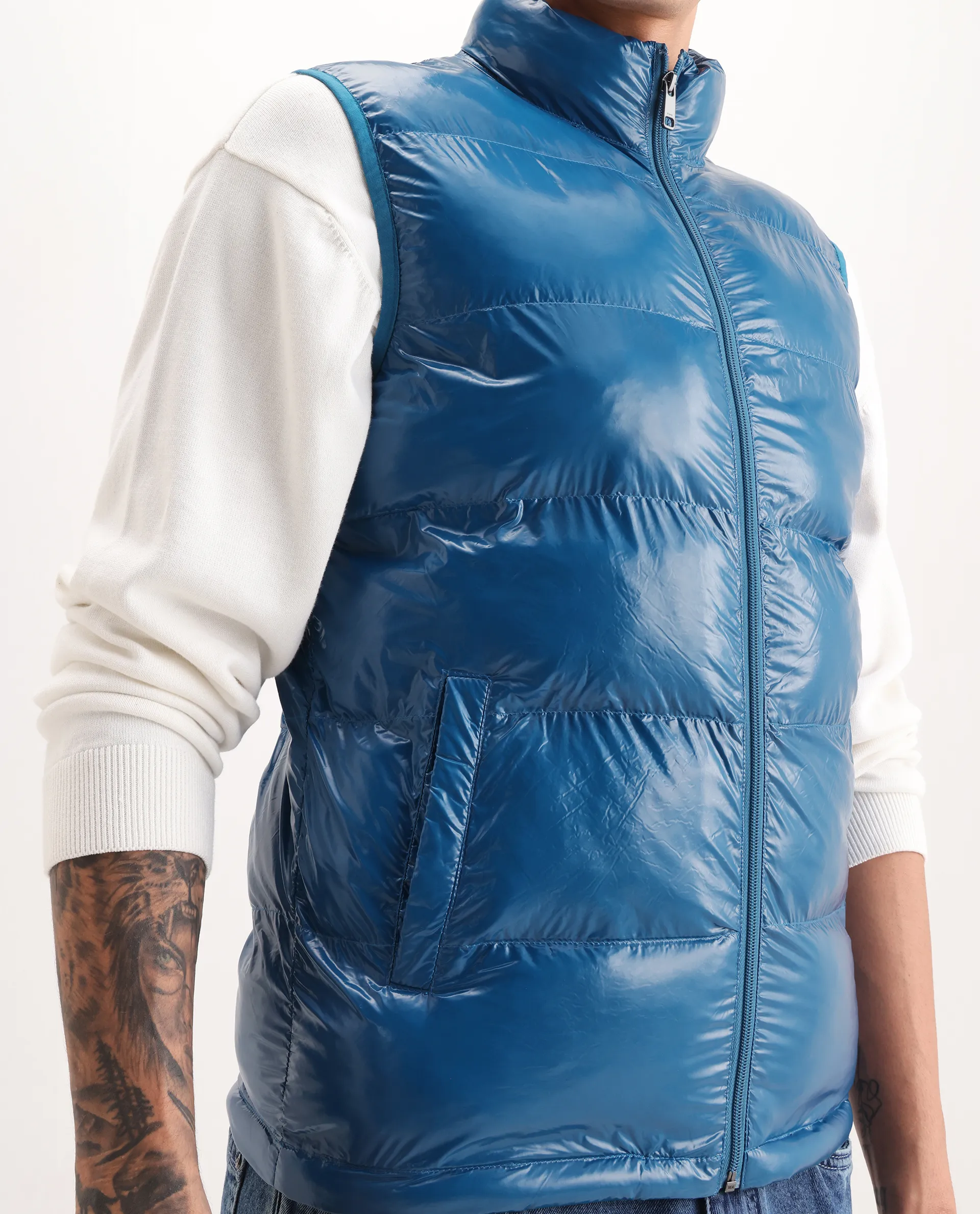Rare Rabbit Men's Cover Dark Blue Polyester Plain Relaxed Fit Sleeveless High Neck Jacket - Image 3