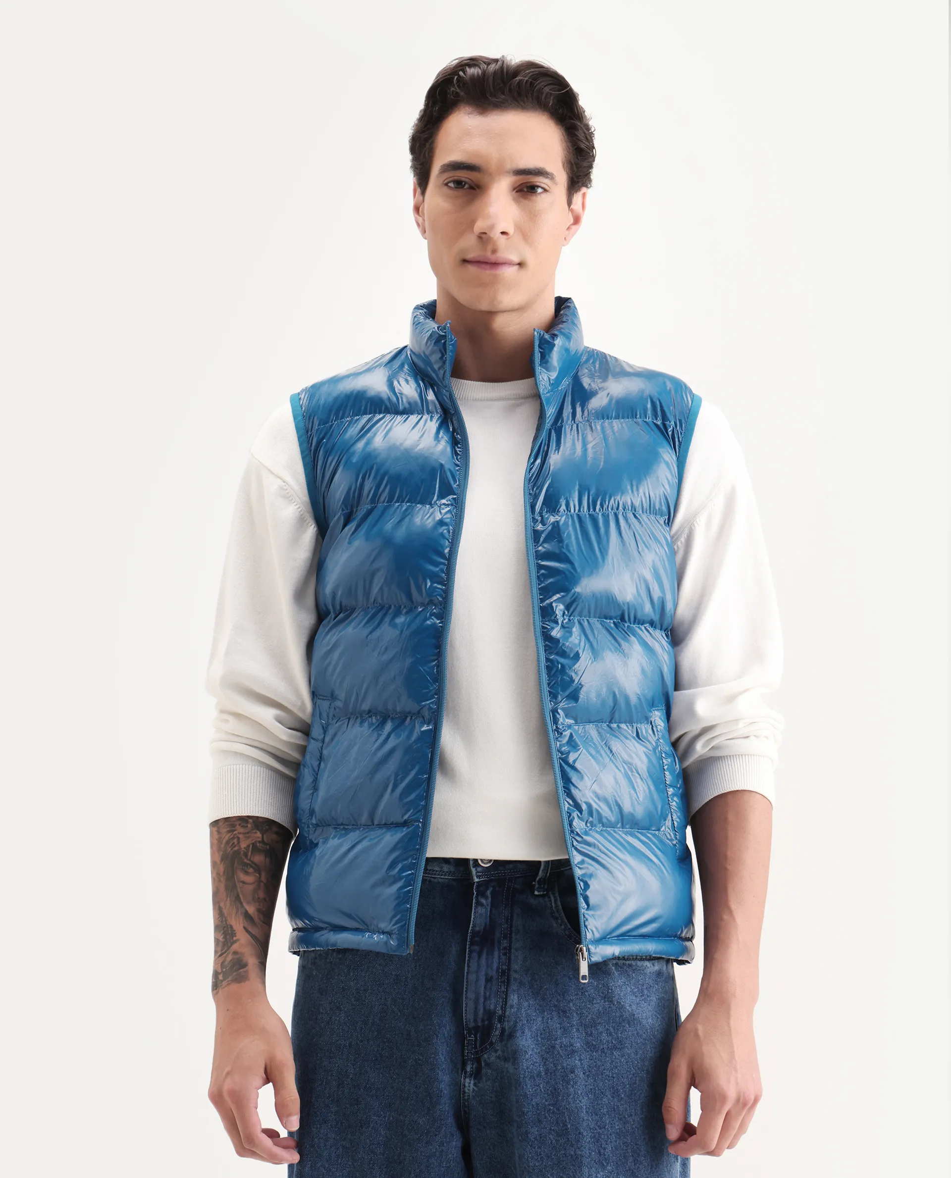 Rare Rabbit Men's Cover Dark Blue Polyester Plain Relaxed Fit Sleeveless High Neck Jacket - Image 4