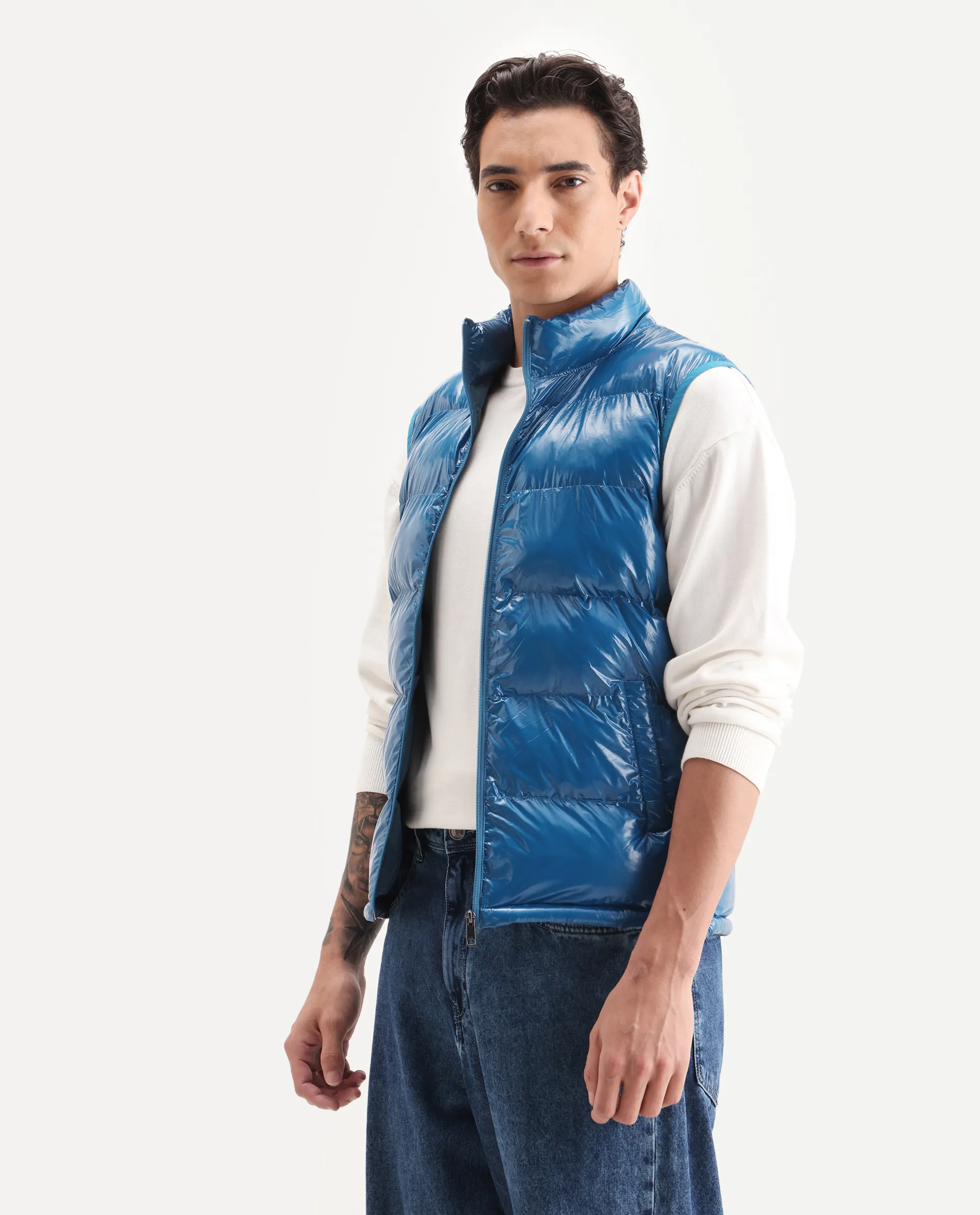 Rare Rabbit Men's Cover Dark Blue Polyester Plain Relaxed Fit Sleeveless High Neck Jacket - Image 5