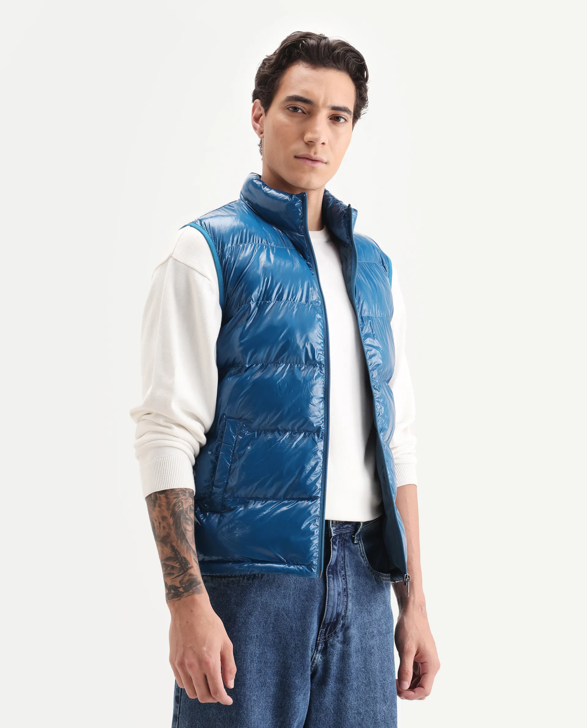 Rare Rabbit Men's Cover Dark Blue Polyester Plain Relaxed Fit Sleeveless High Neck Jacket - Image 6