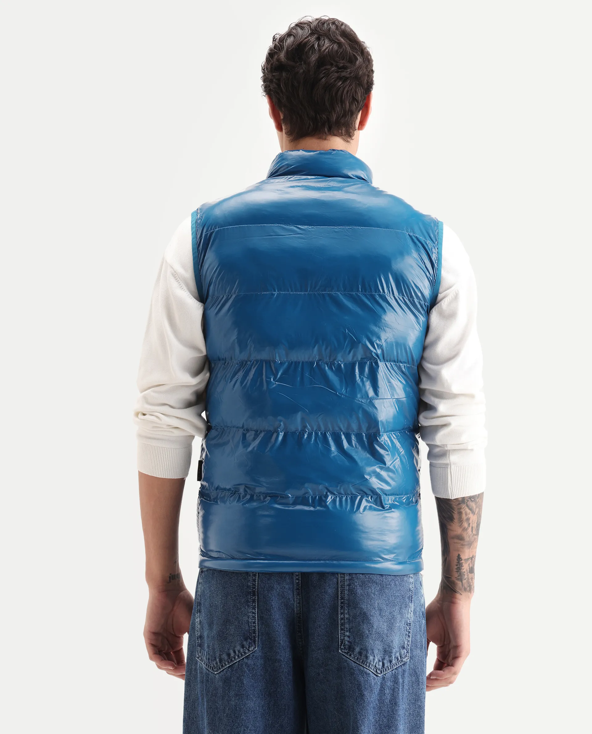 Rare Rabbit Men's Cover Dark Blue Polyester Plain Relaxed Fit Sleeveless High Neck Jacket - Image 7